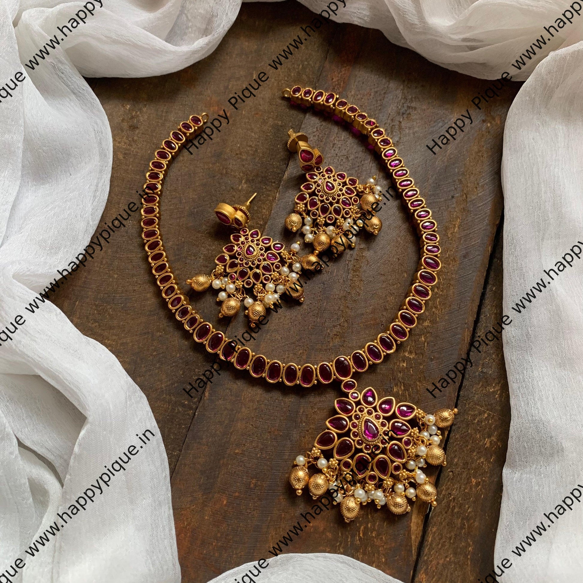 Traditional Tilak Kemp Necklace Set - Ruby