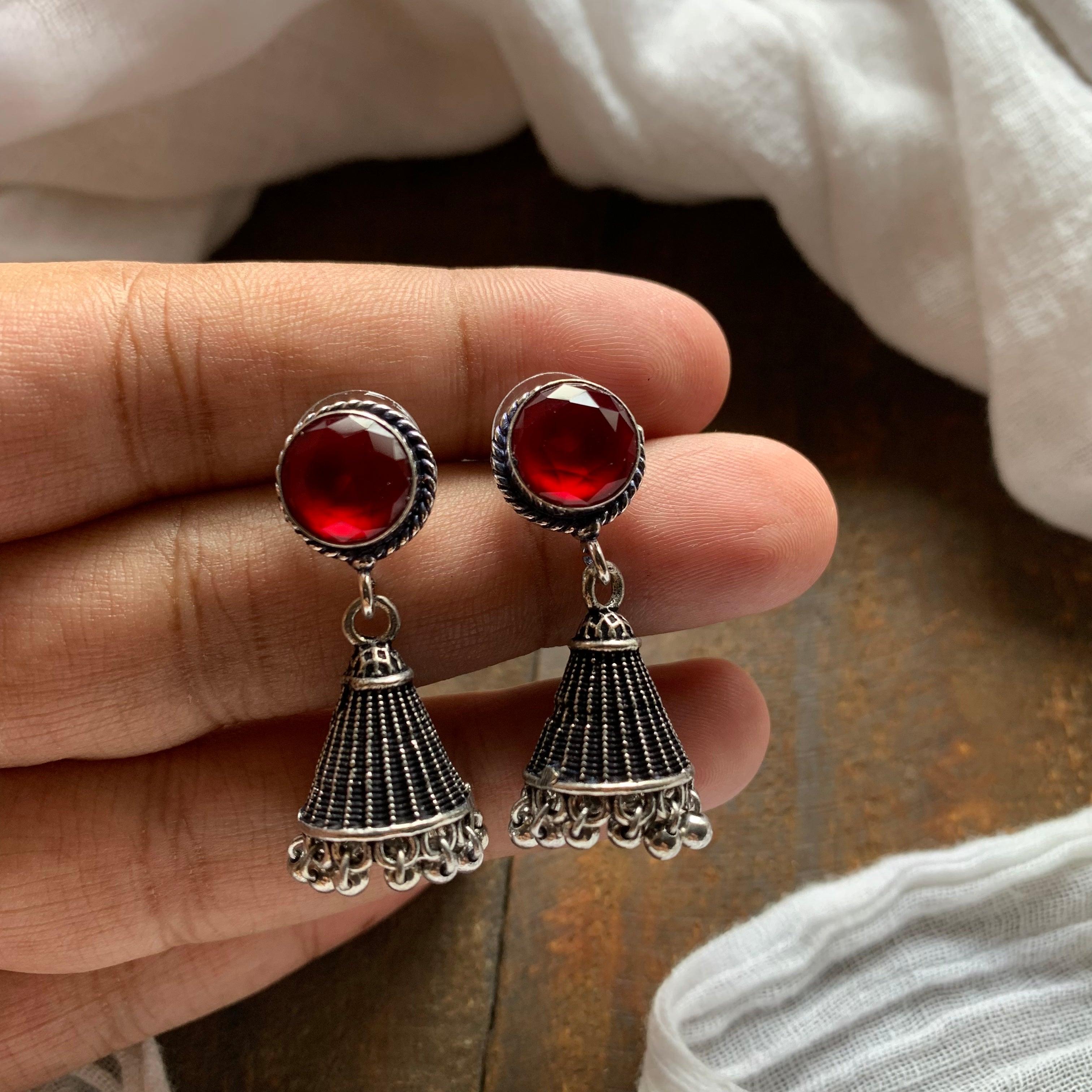 Cone Stone German Silver Jhumkas - Red - Happy Pique 