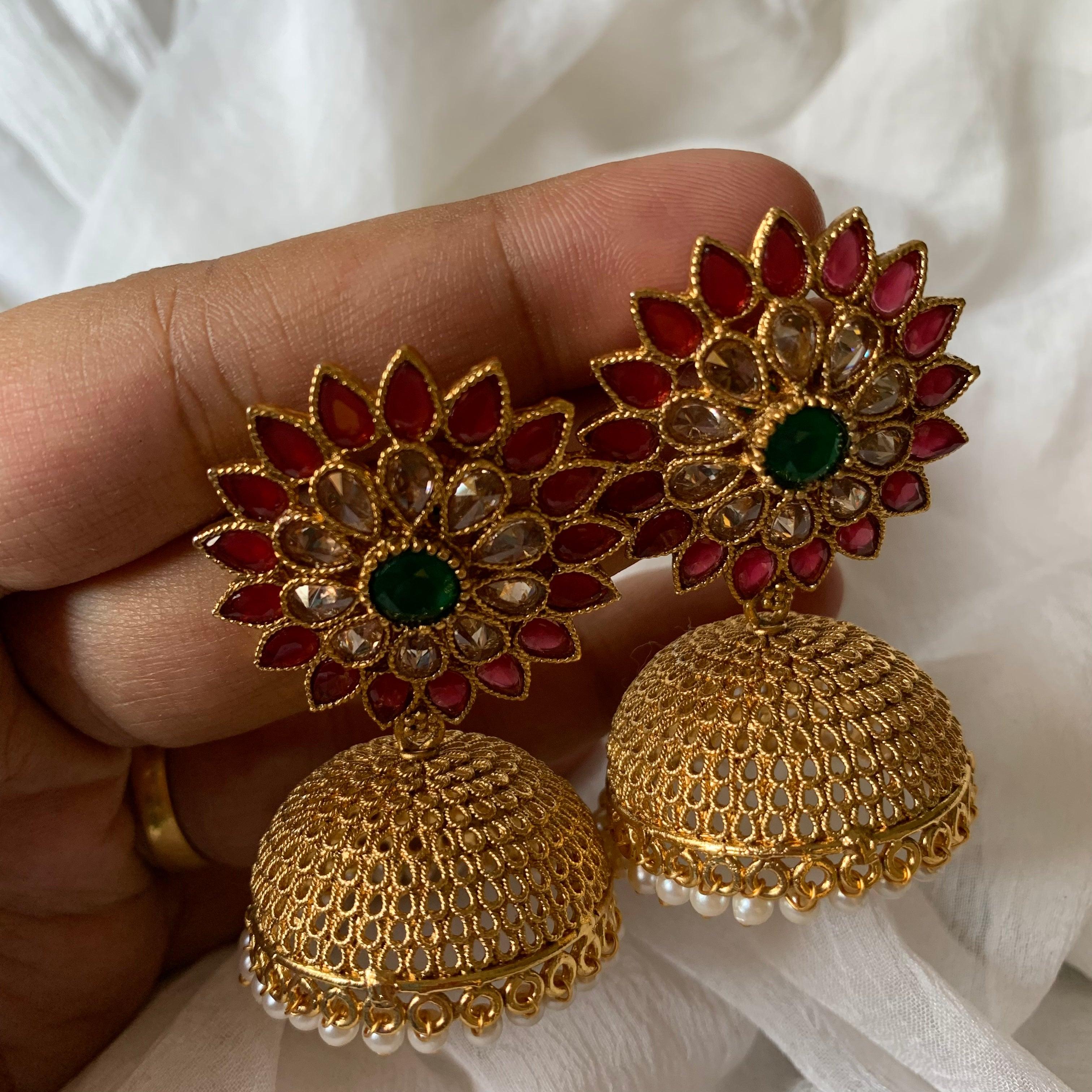 Light Weight AD Flower Stud Jhumkas - White, Red & Green - Happy Pique 