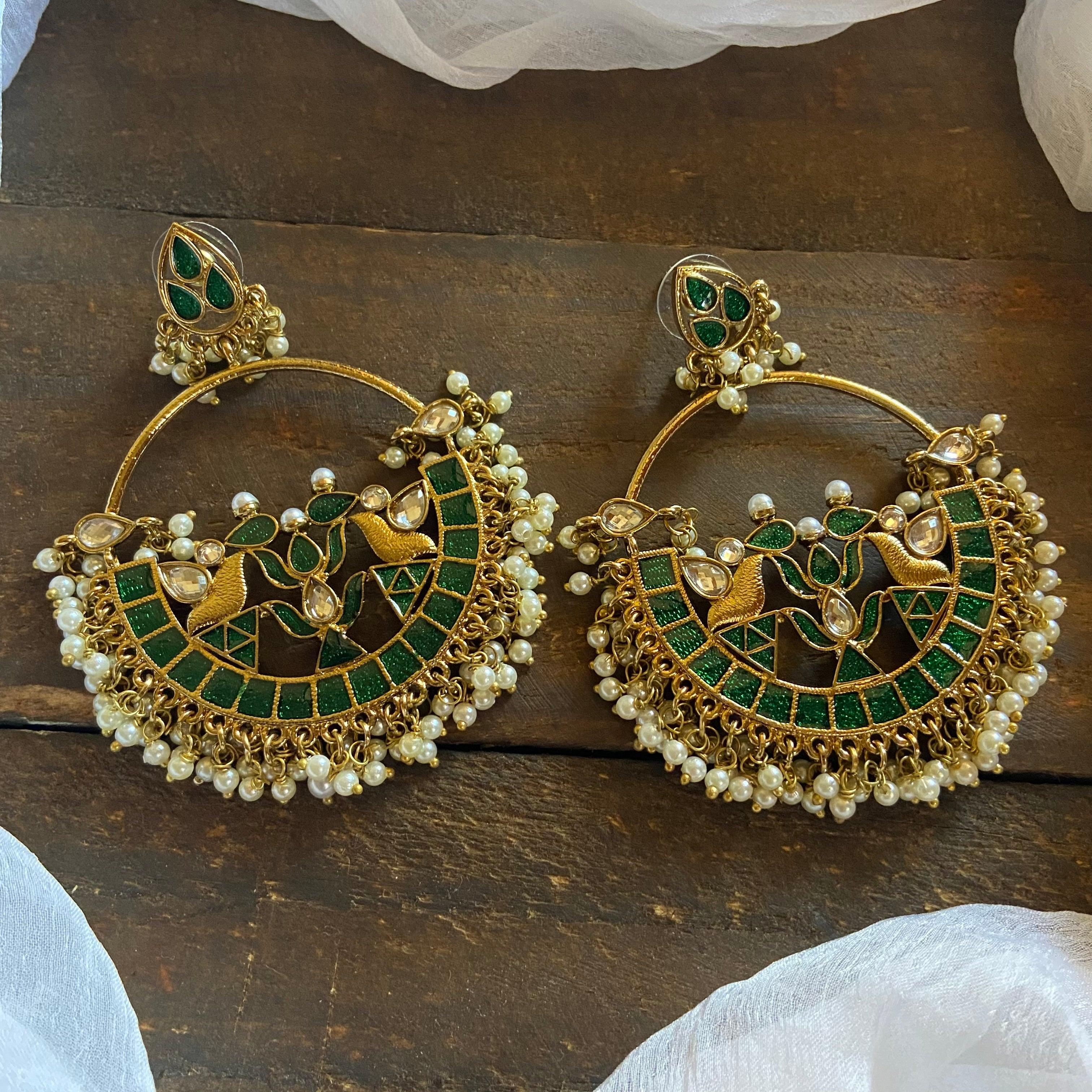 Festive Bollywood Style Chaandbali Earrings - Glossy Green - Happy Pique 