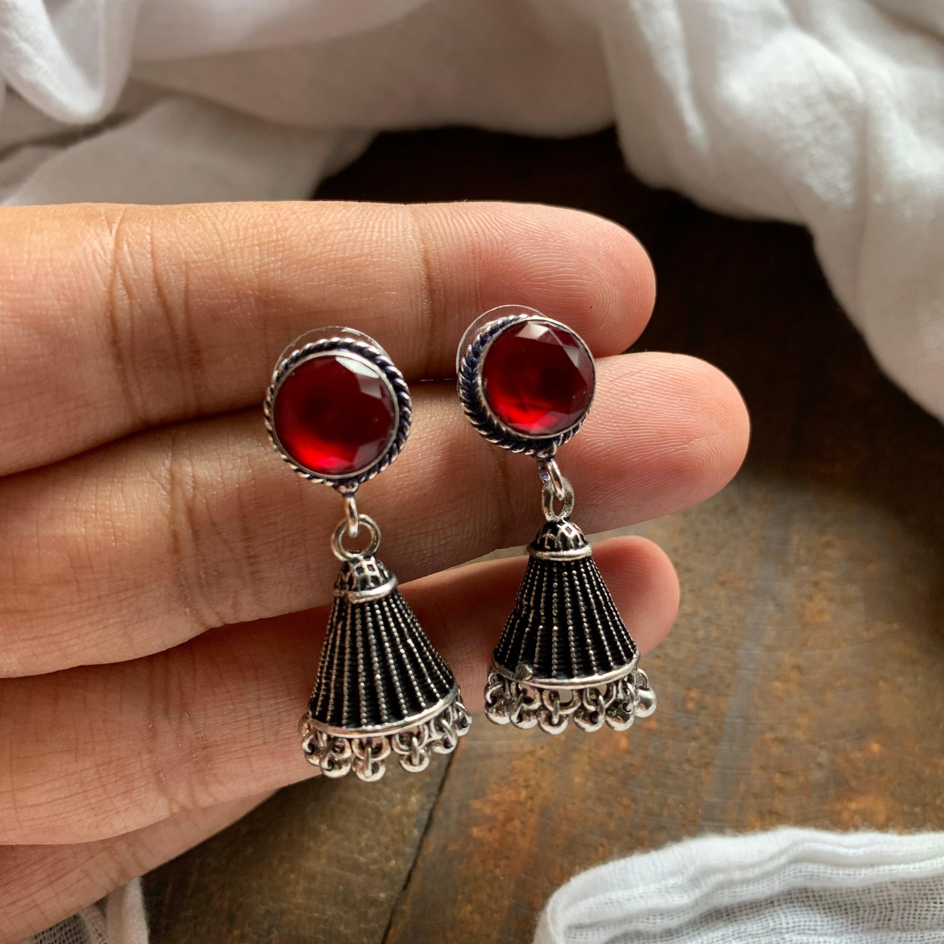 Cone Stone German Silver Jhumkas - Red - Happy Pique 