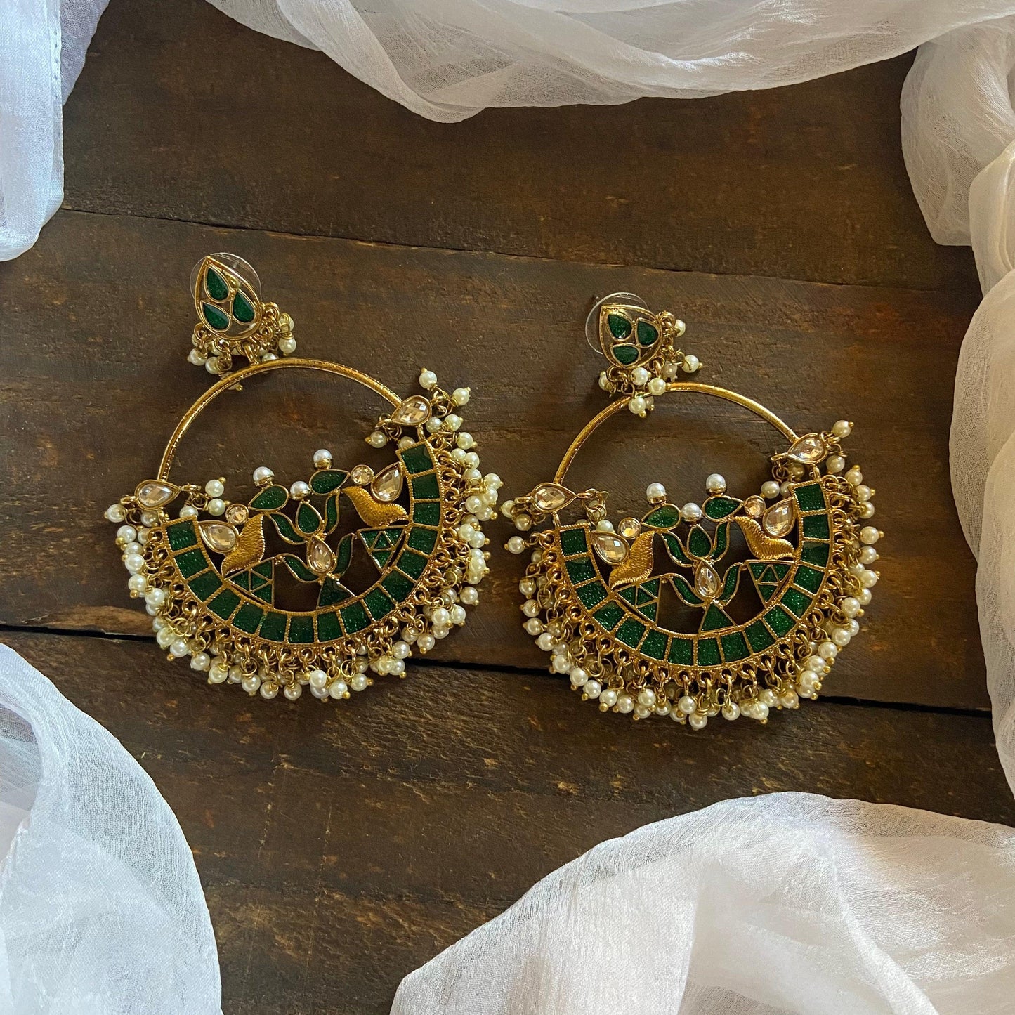 Festive Bollywood Style Chaandbali Earrings - Glossy Green - Happy Pique 