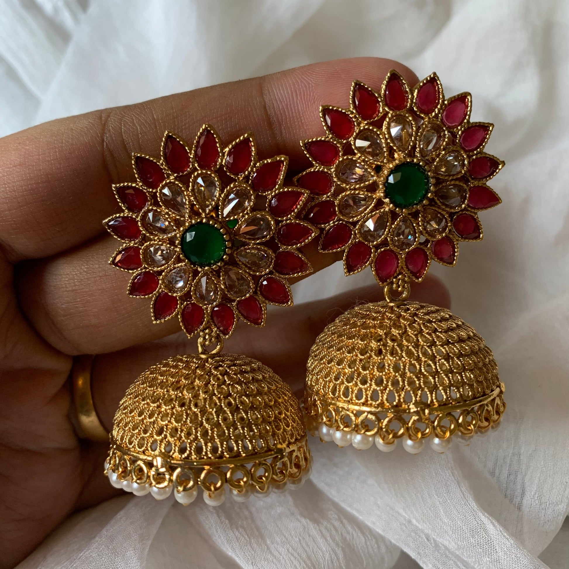 Light Weight AD Flower Stud Jhumkas - White, Red & Green - Happy Pique 