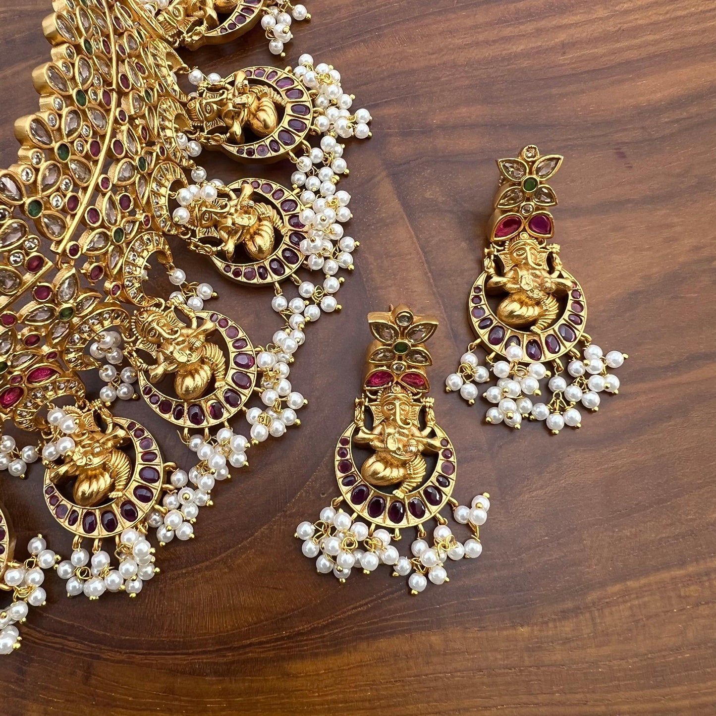 Antique Matte Ganesha Real Kemp Heavy Bridal CZ Choker Necklace Set - Happy Pique