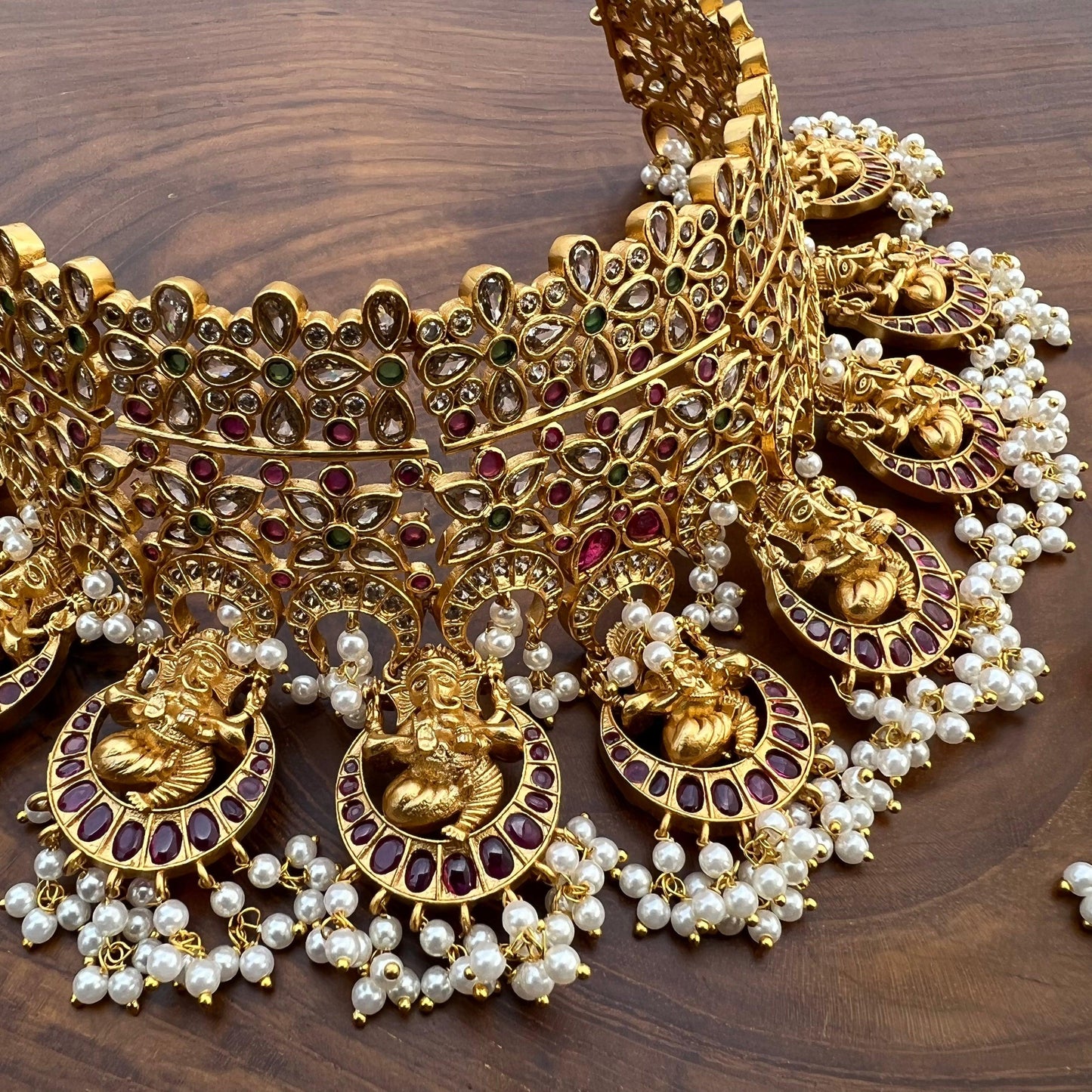 Antique Matte Ganesha Real Kemp Heavy Bridal CZ Choker Necklace Set - Happy Pique