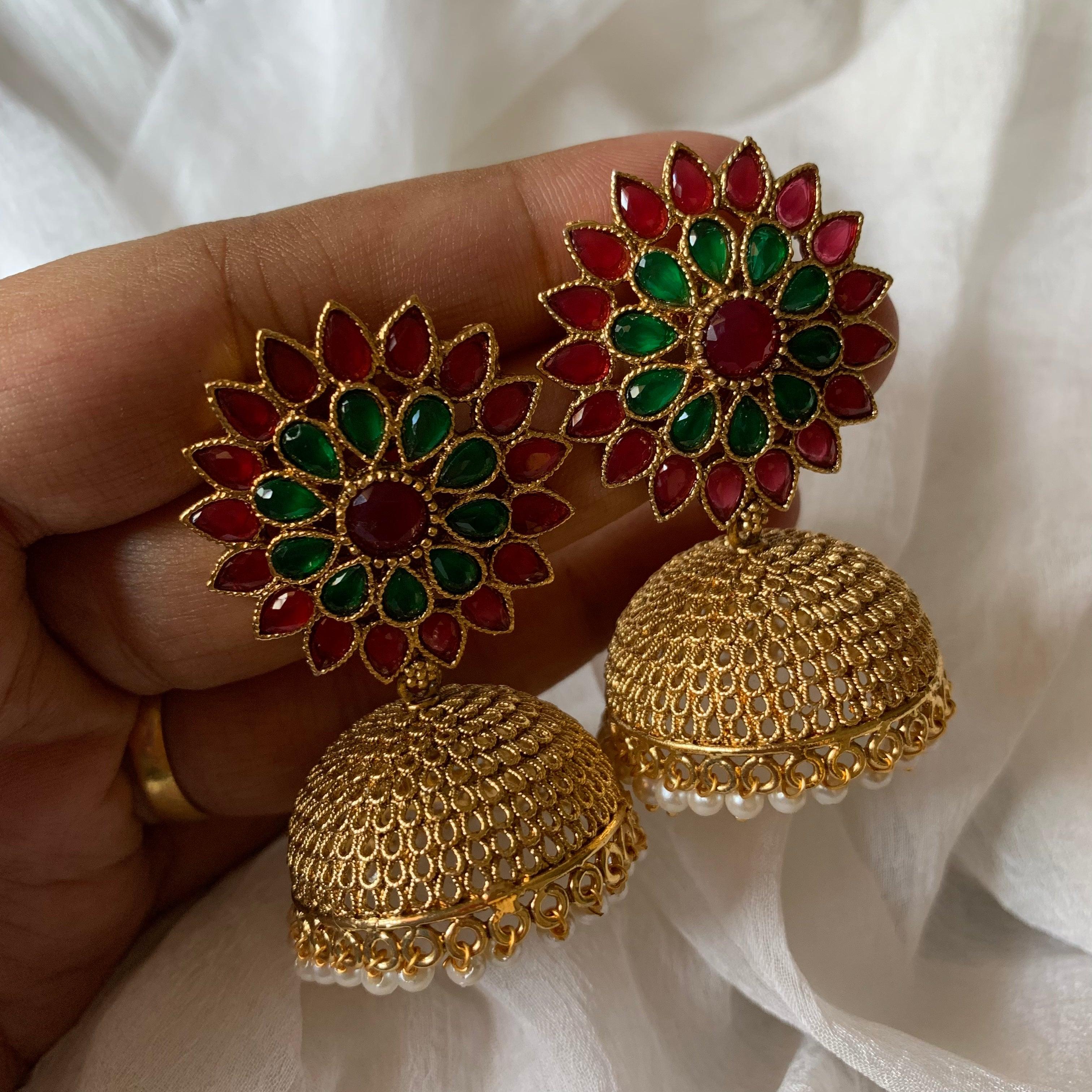 Light Weight Flower Stud AD Jhumkas - Red & Green