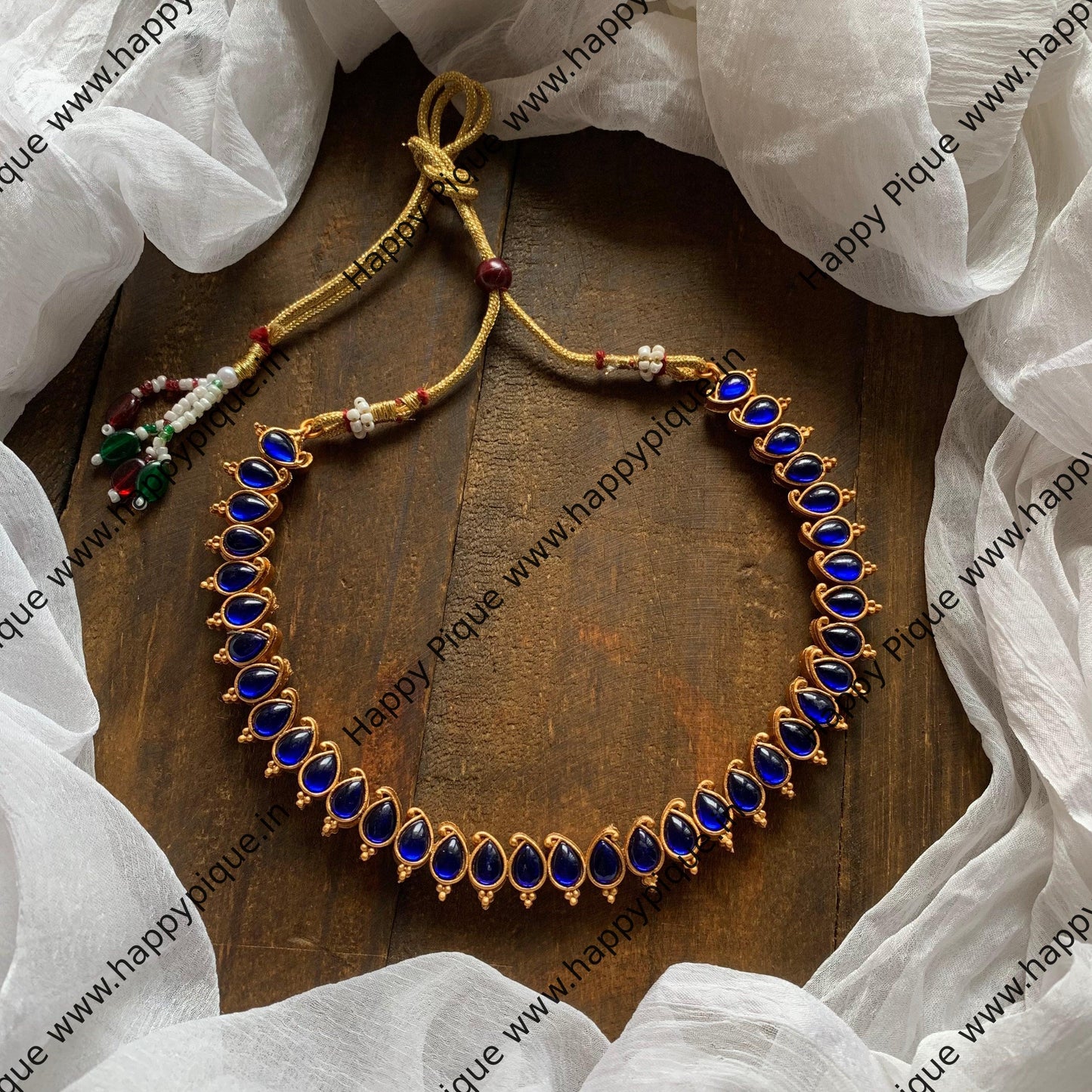 Matte Two Side Reversible Kemp Mango Necklace - Navratna - Blue