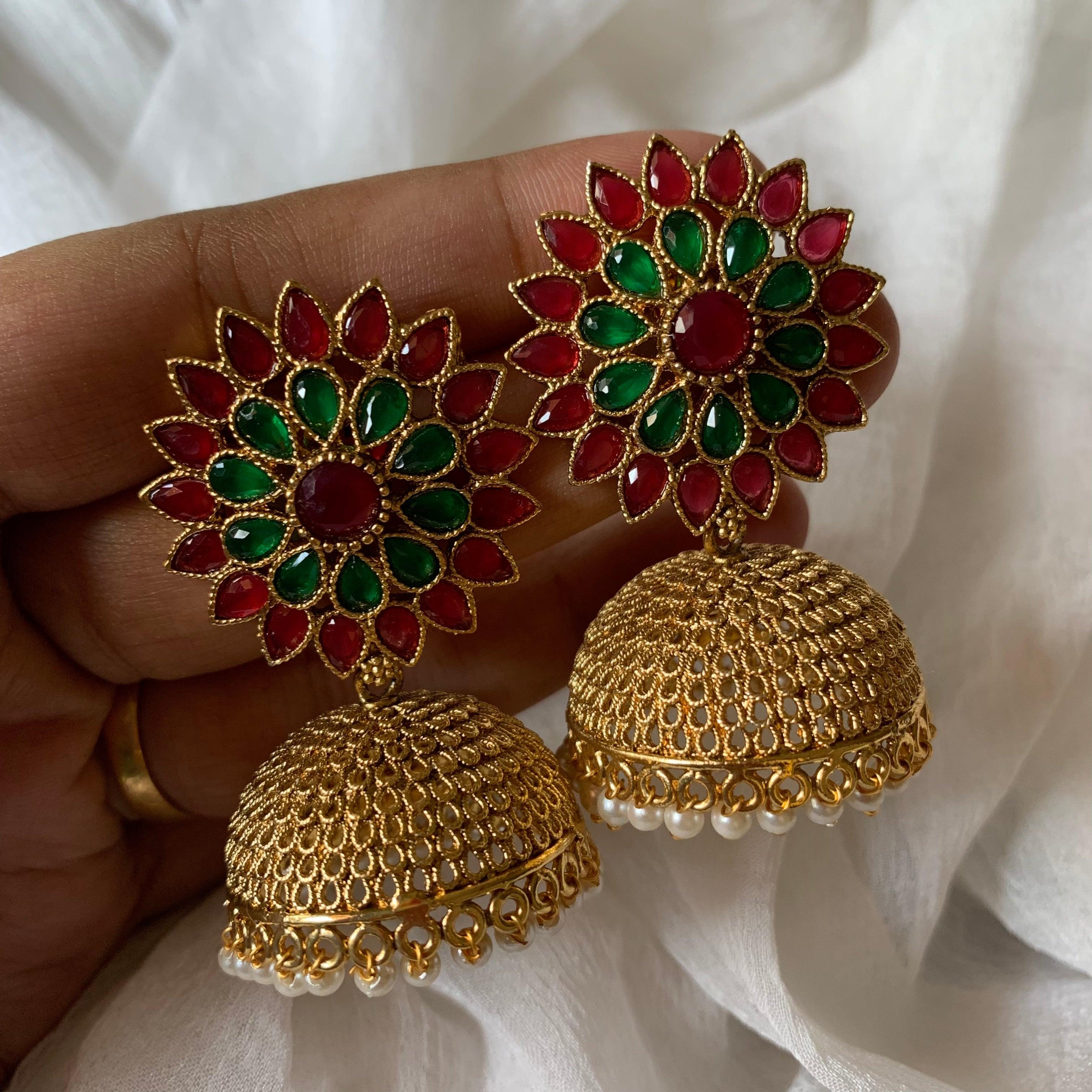 Light Weight Flower Stud AD Jhumkas - Red & Green