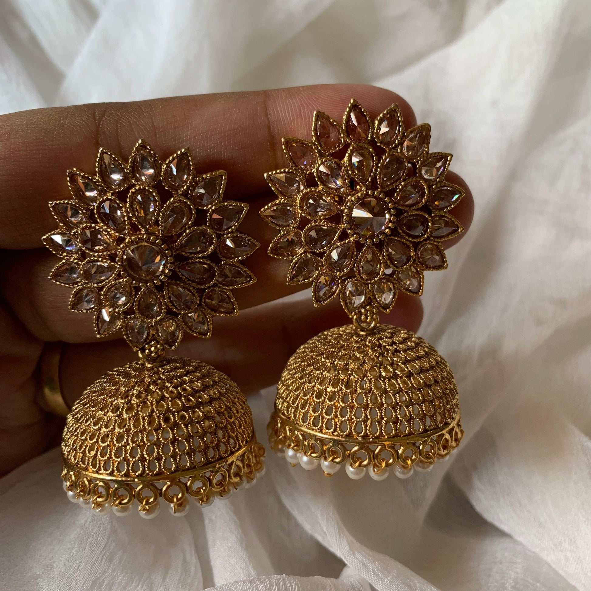 Light Weight AD Flower Stud Jhumkas - Polki Gold - Happy Pique 