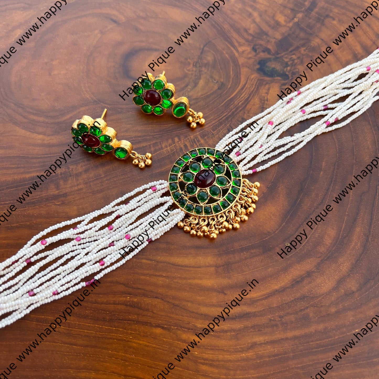 Flower Chakra Multi Strand Pearl Kemp Choker Necklace Set - Red & Green - Happy Pique