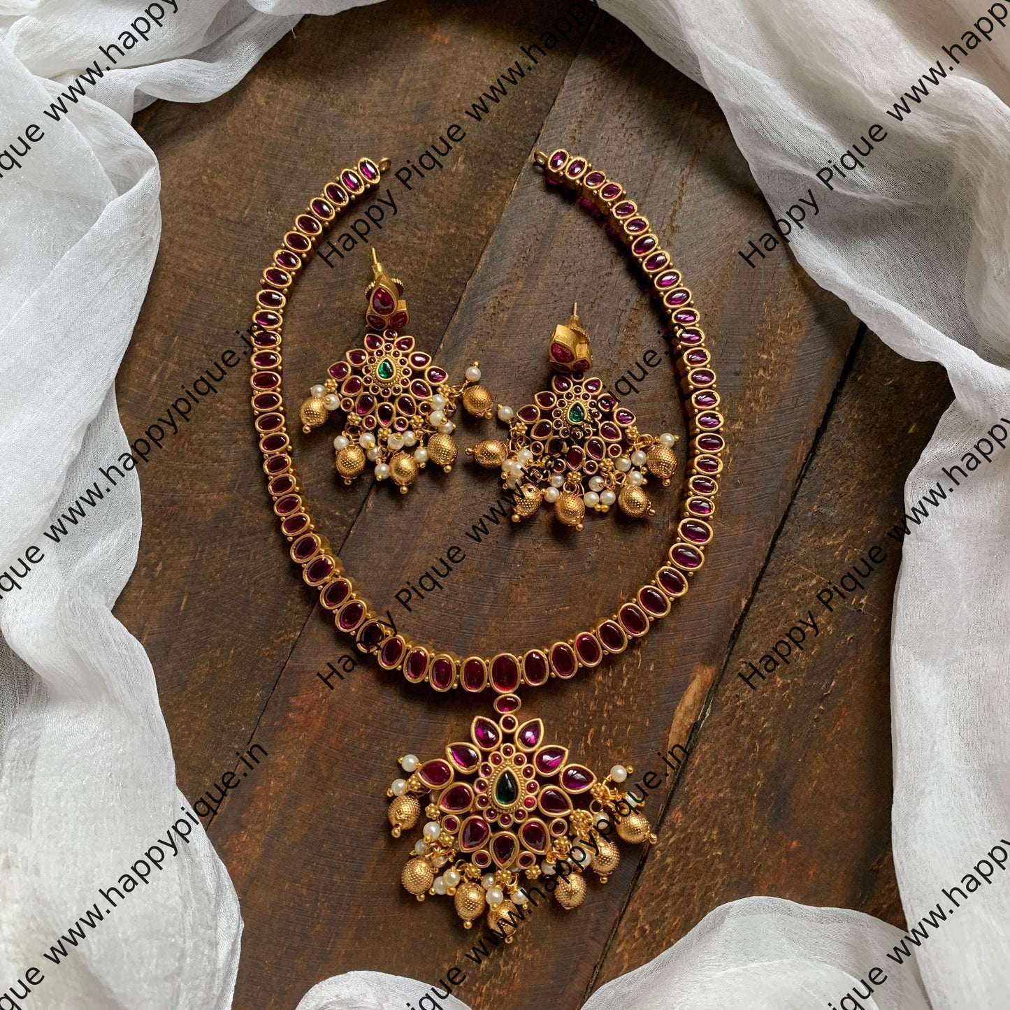 Traditional Tilak Kemp Necklace Set - Ruby & Green