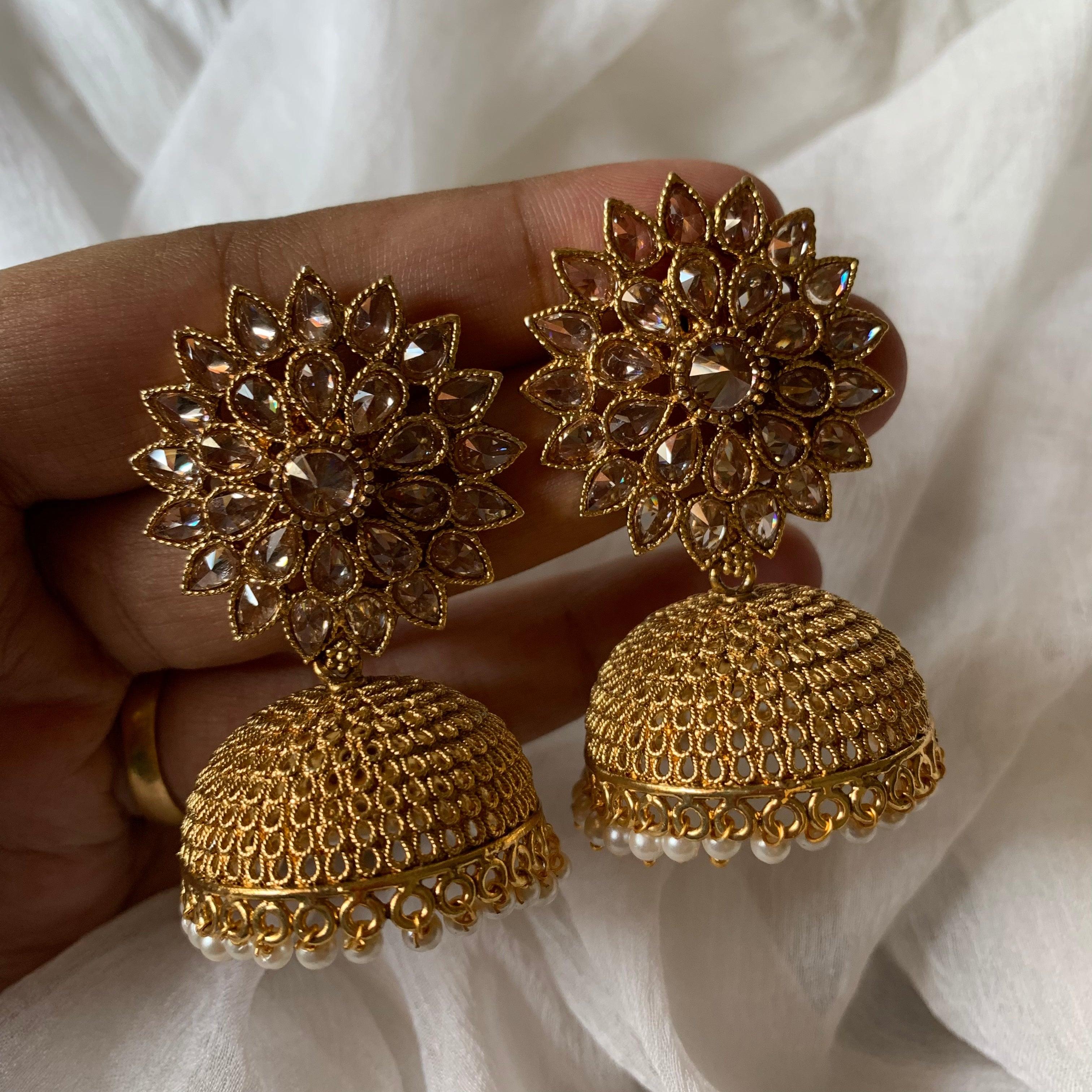 Light Weight AD Flower Stud Jhumkas - Polki Gold - Happy Pique 