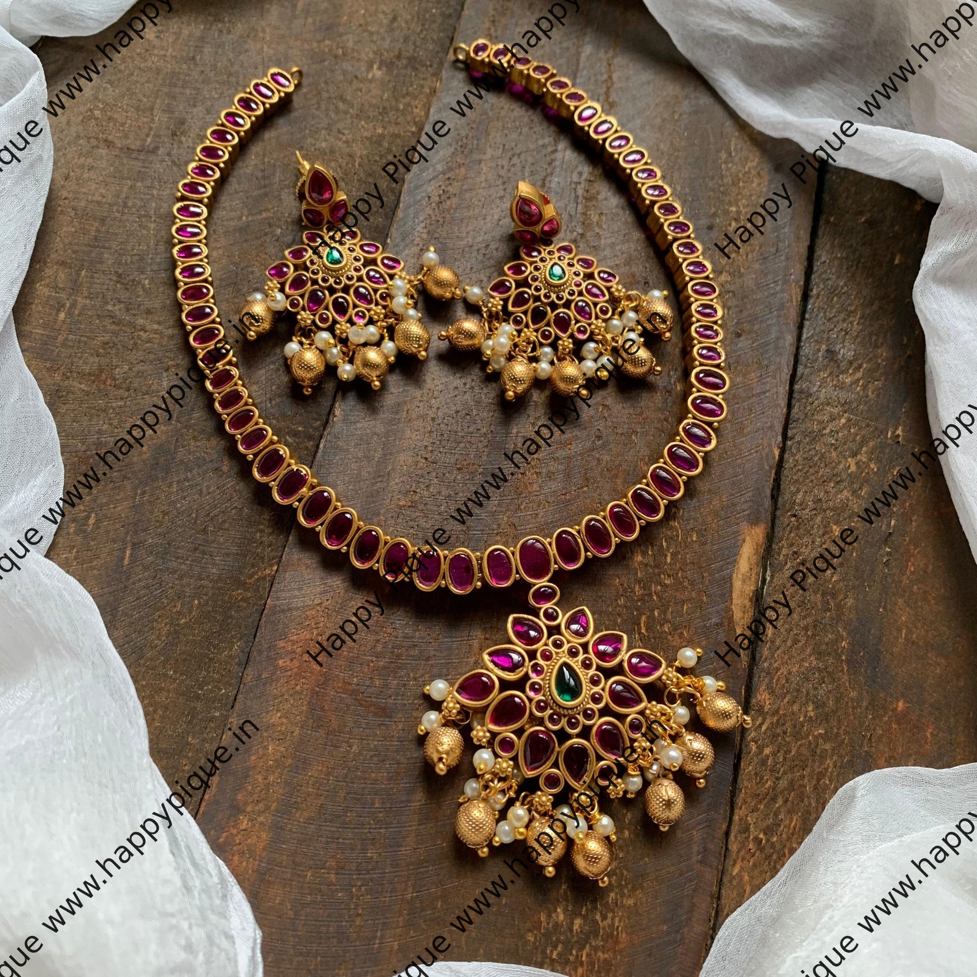 Traditional Tilak Kemp Necklace Set - Ruby & Green