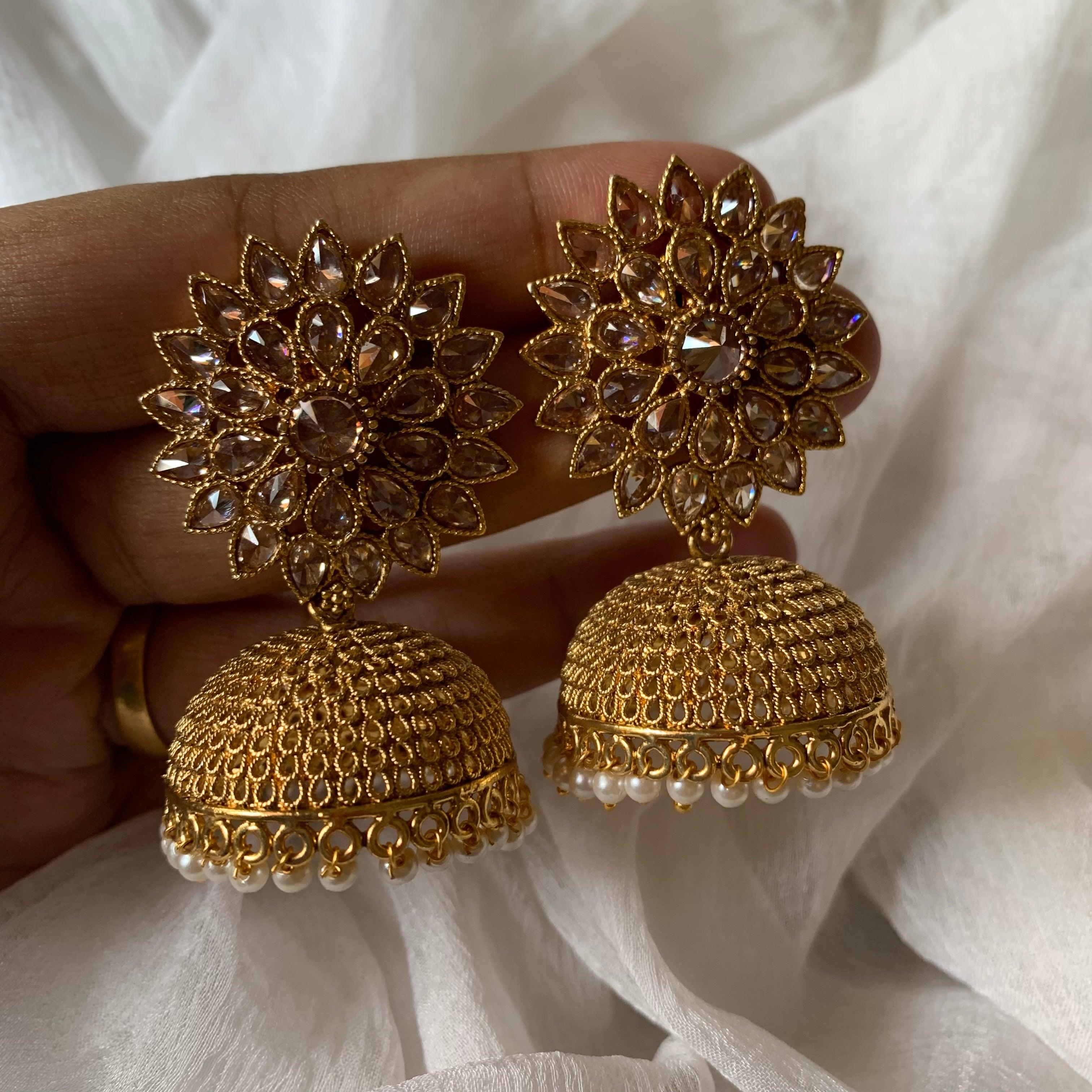 Light Weight AD Flower Stud Jhumkas - Polki Gold - Happy Pique 