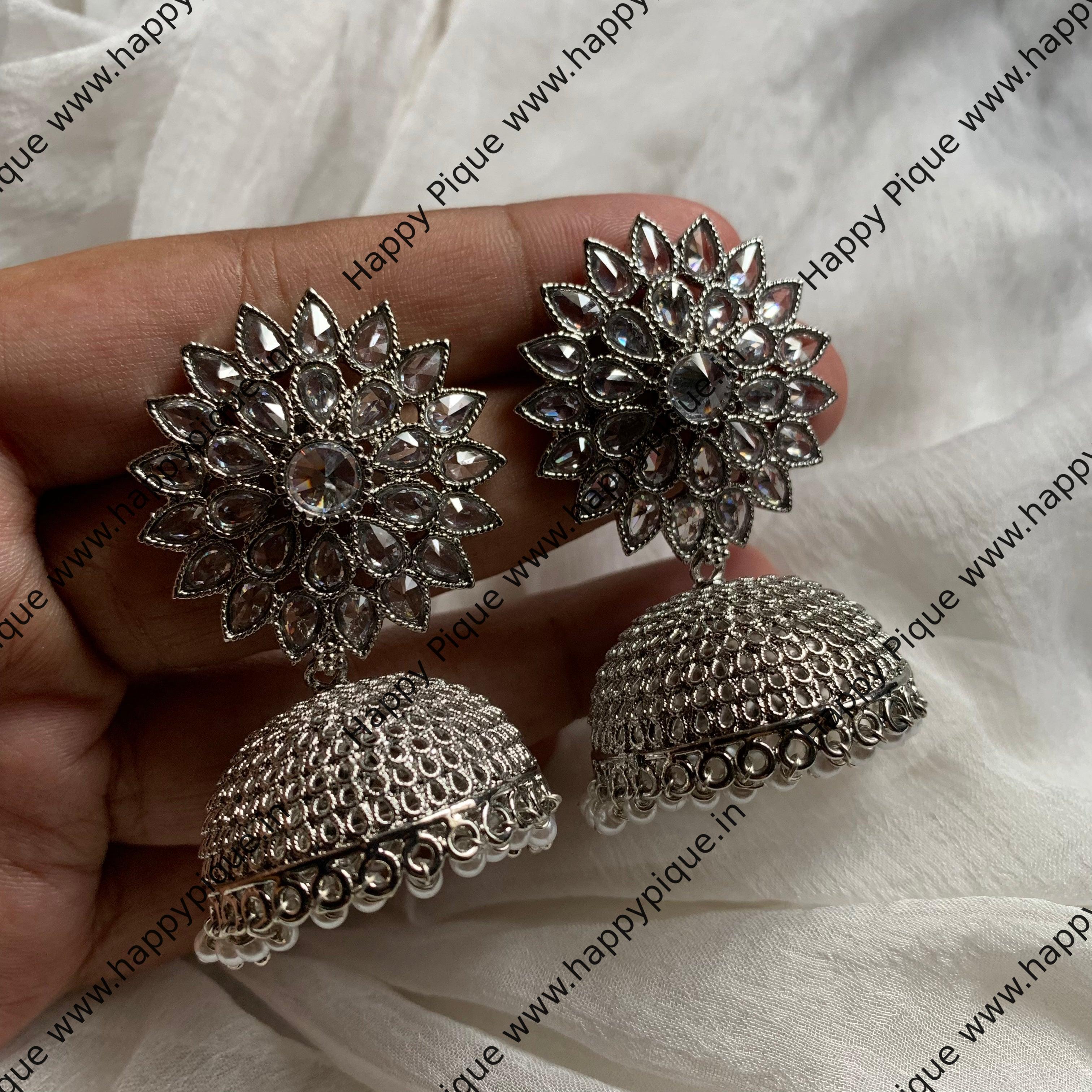 Silver Light Weight AD Flower Stud Jhumkas - White