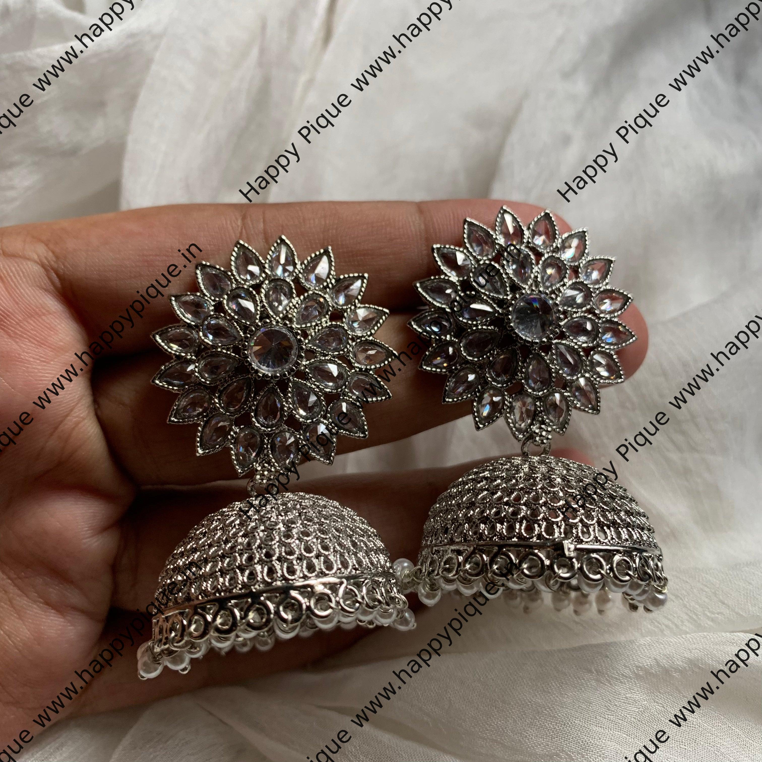 Silver Light Weight AD Flower Stud Jhumkas - White