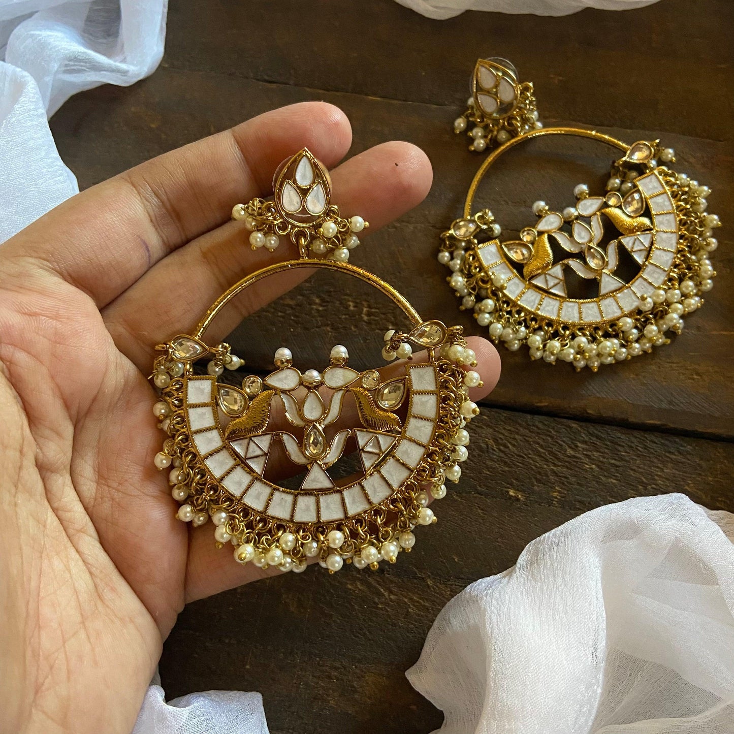 Festive Bollywood Style Chaandbali Earrings - Pearl White - Happy Pique 