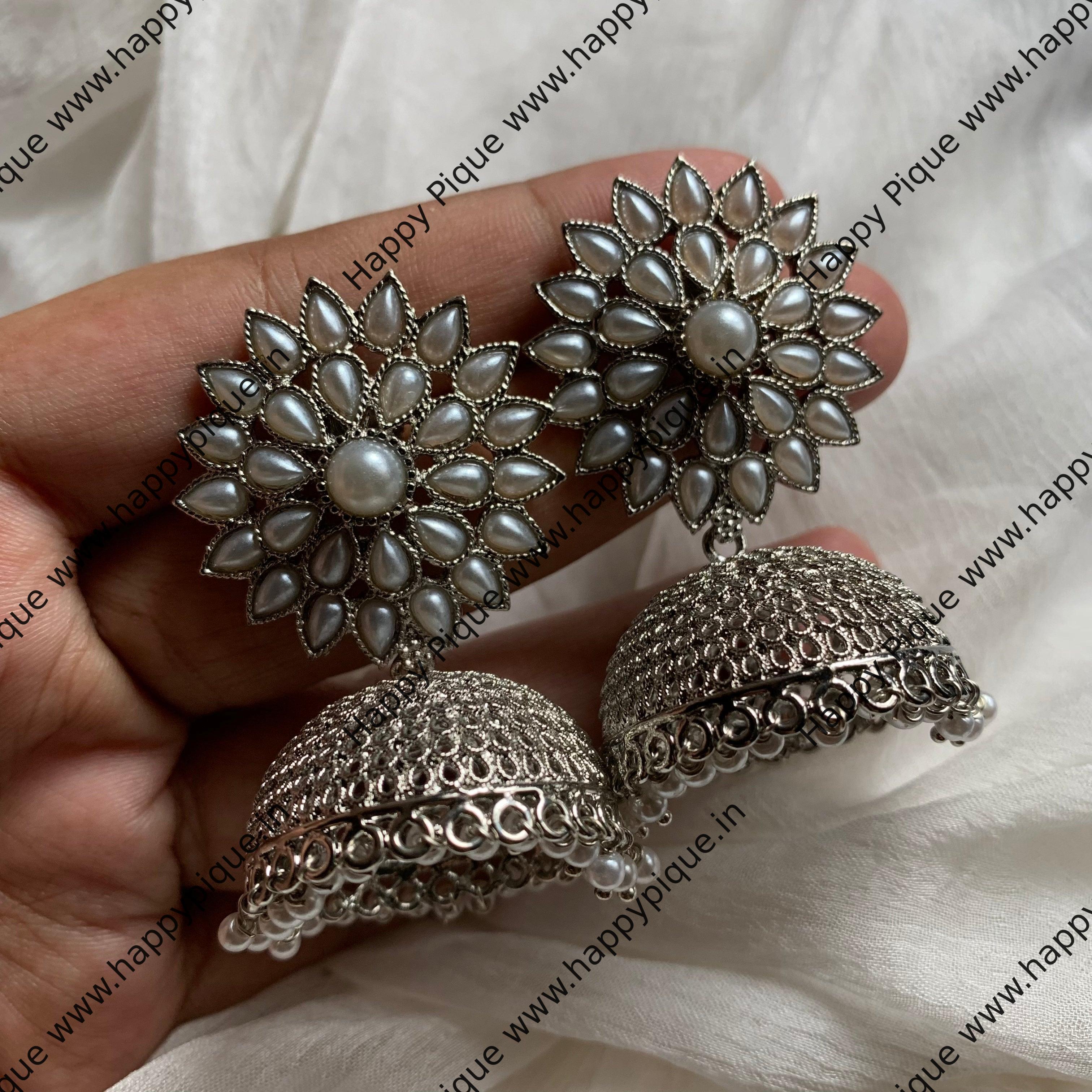 Silver Light Weight AD Flower Stud Jhumkas - Pearl