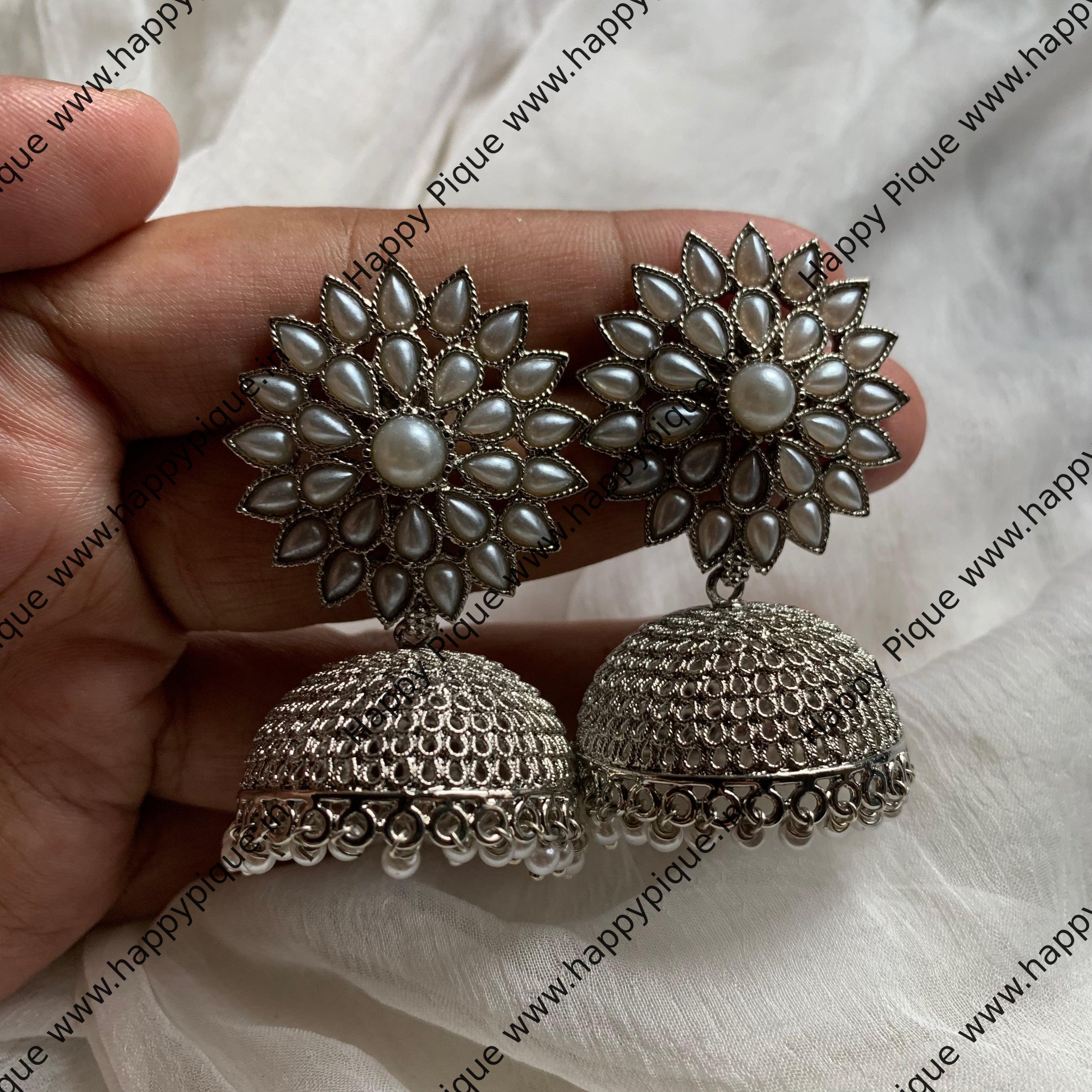 Silver Light Weight AD Flower Stud Jhumkas - Pearl