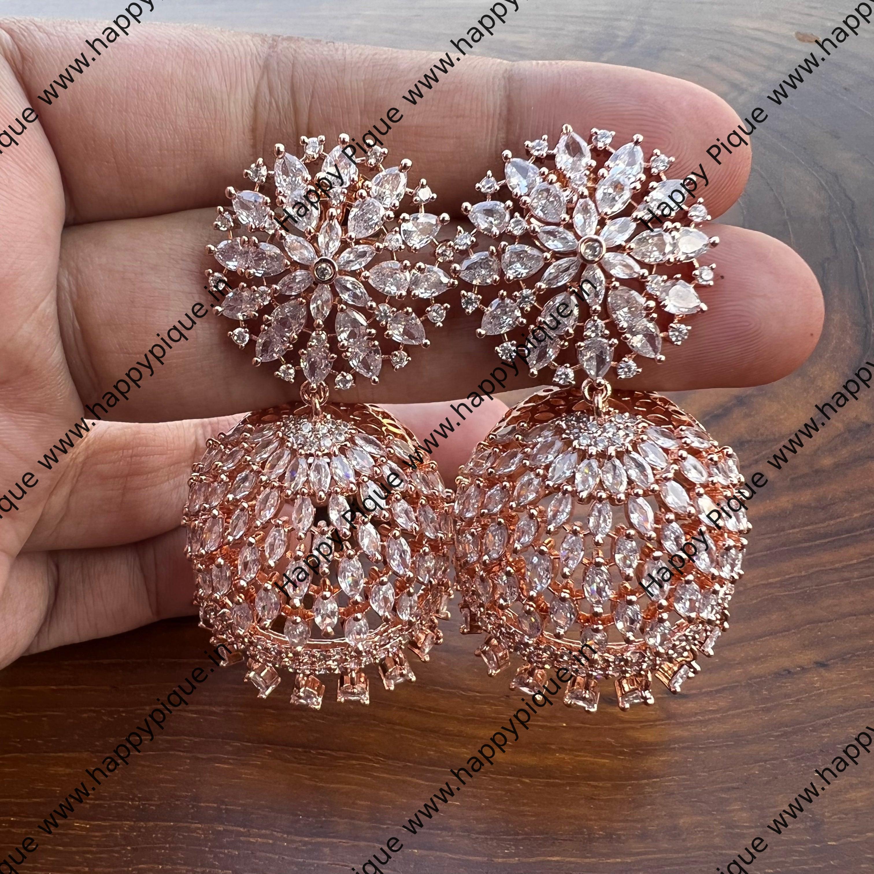 Rose Gold Zircon AD Jhumkas - Happy Pique