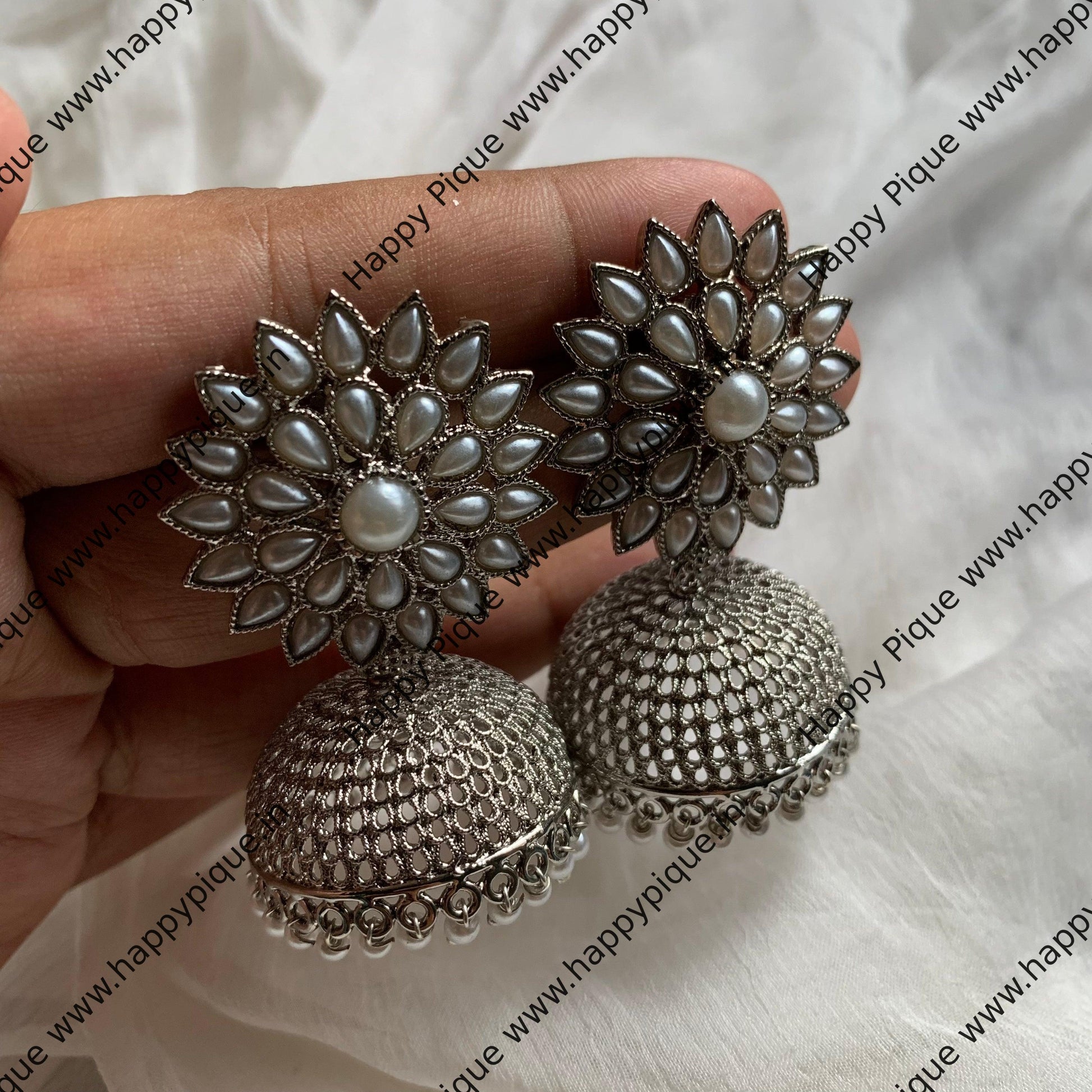 Silver Light Weight AD Flower Stud Jhumkas - Pearl