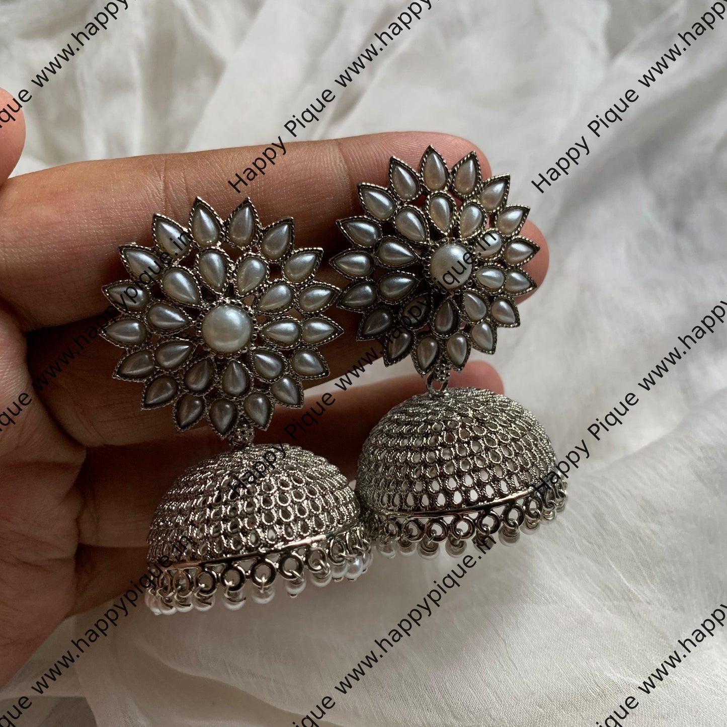 Silver Light Weight AD Flower Stud Jhumkas - Pearl