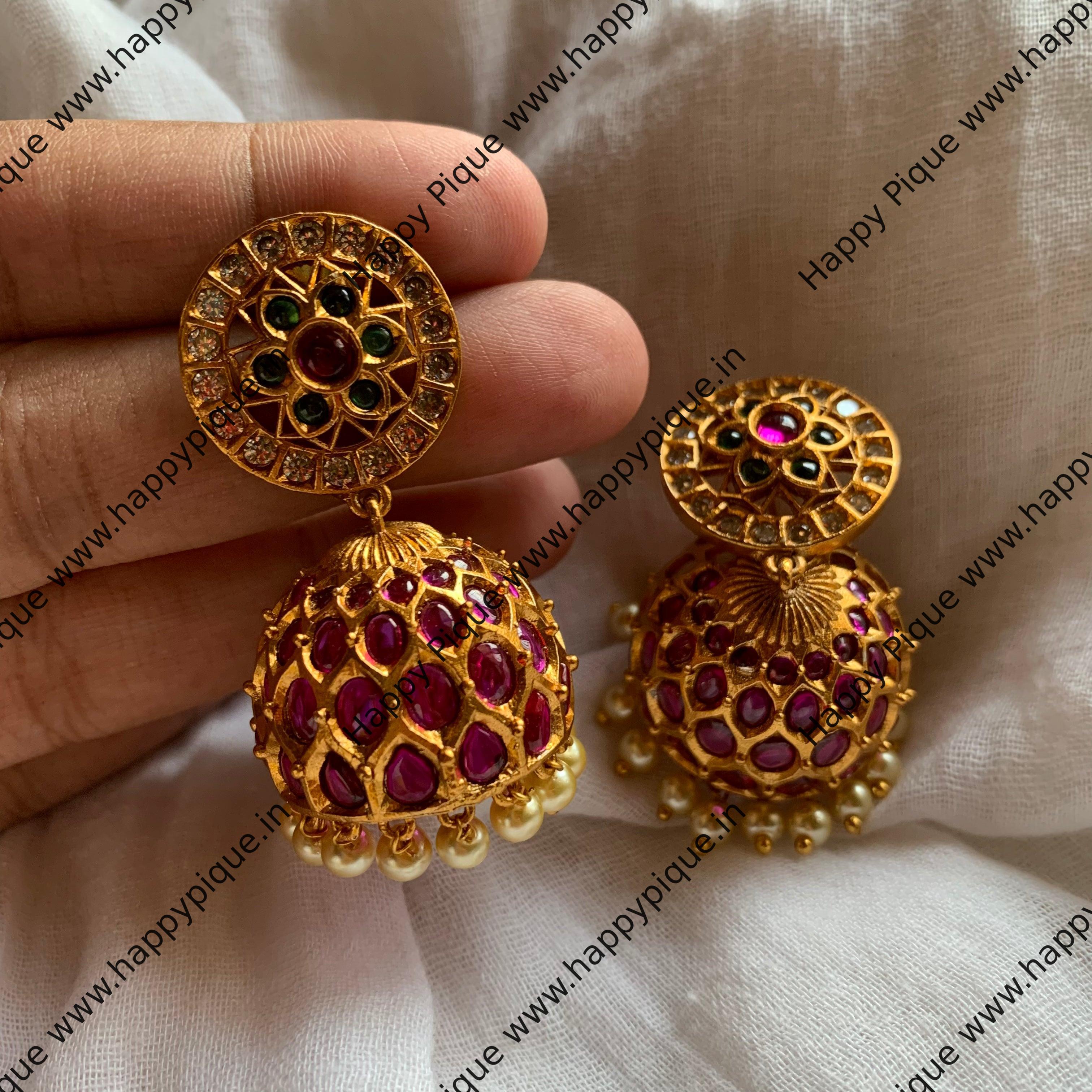 Real Kemp Matte Flower Jhumkas - Red, White & Green