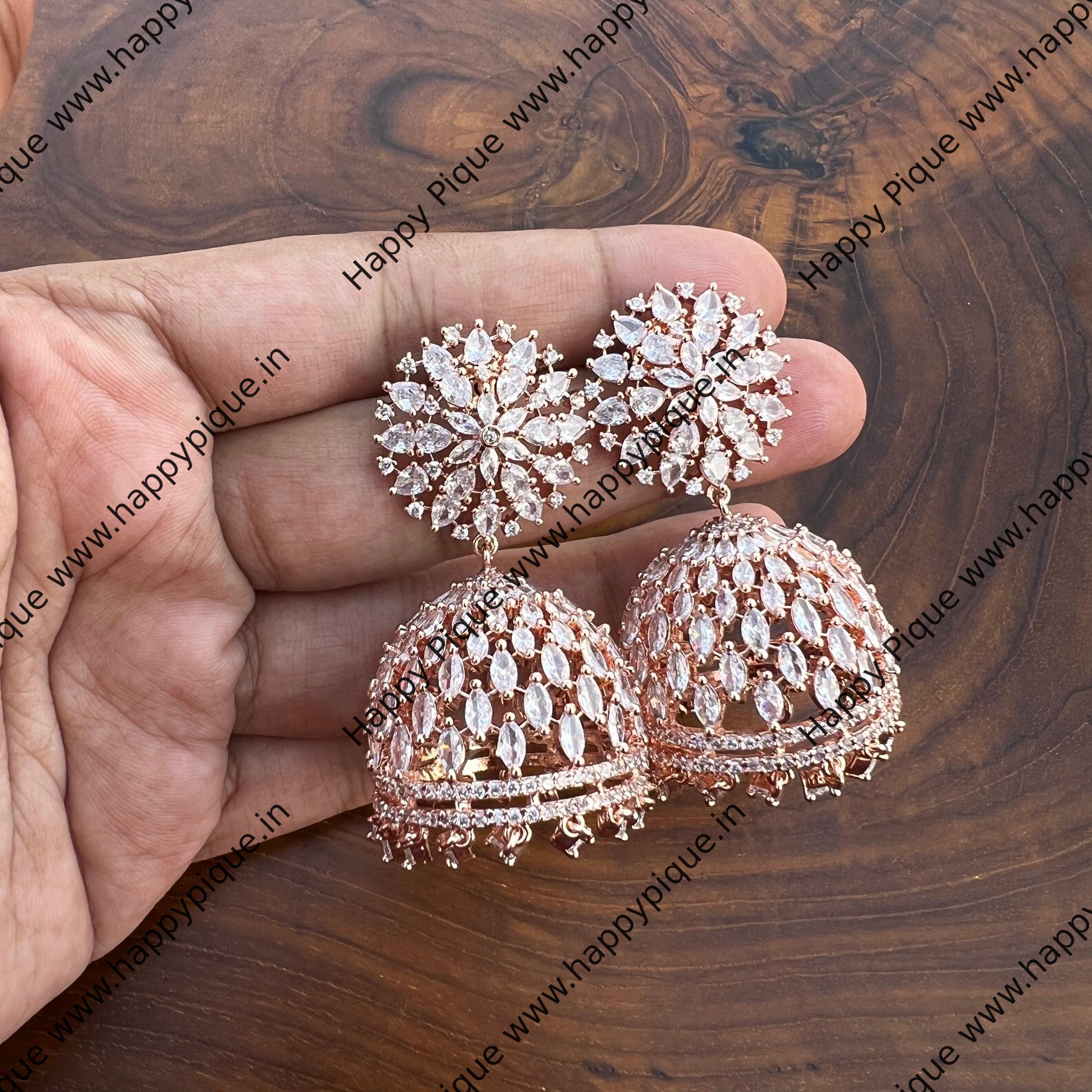 Rose Gold Zircon AD Jhumkas - Happy Pique