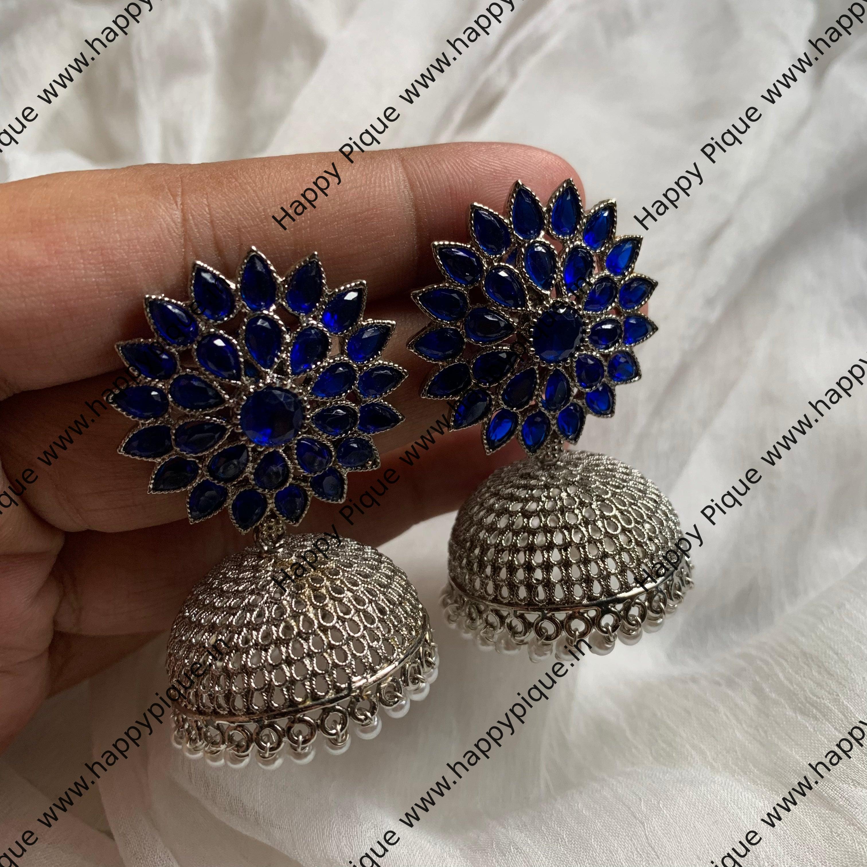 Silver Light Weight AD Flower Stud Jhumkas - Blue