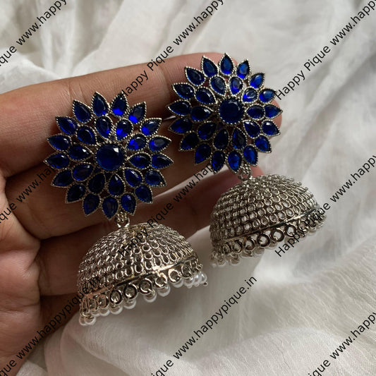 Silver Light Weight AD Flower Stud Jhumkas - Blue