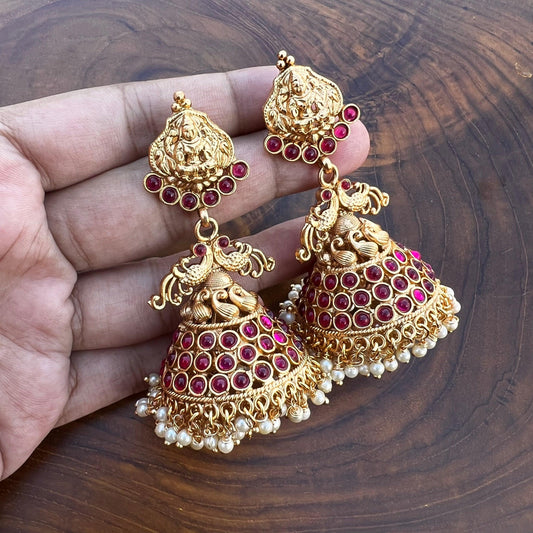 Antique Gold Mahalakshmi Mayuri Kemp Bridal Jhumkas - Happy Pique