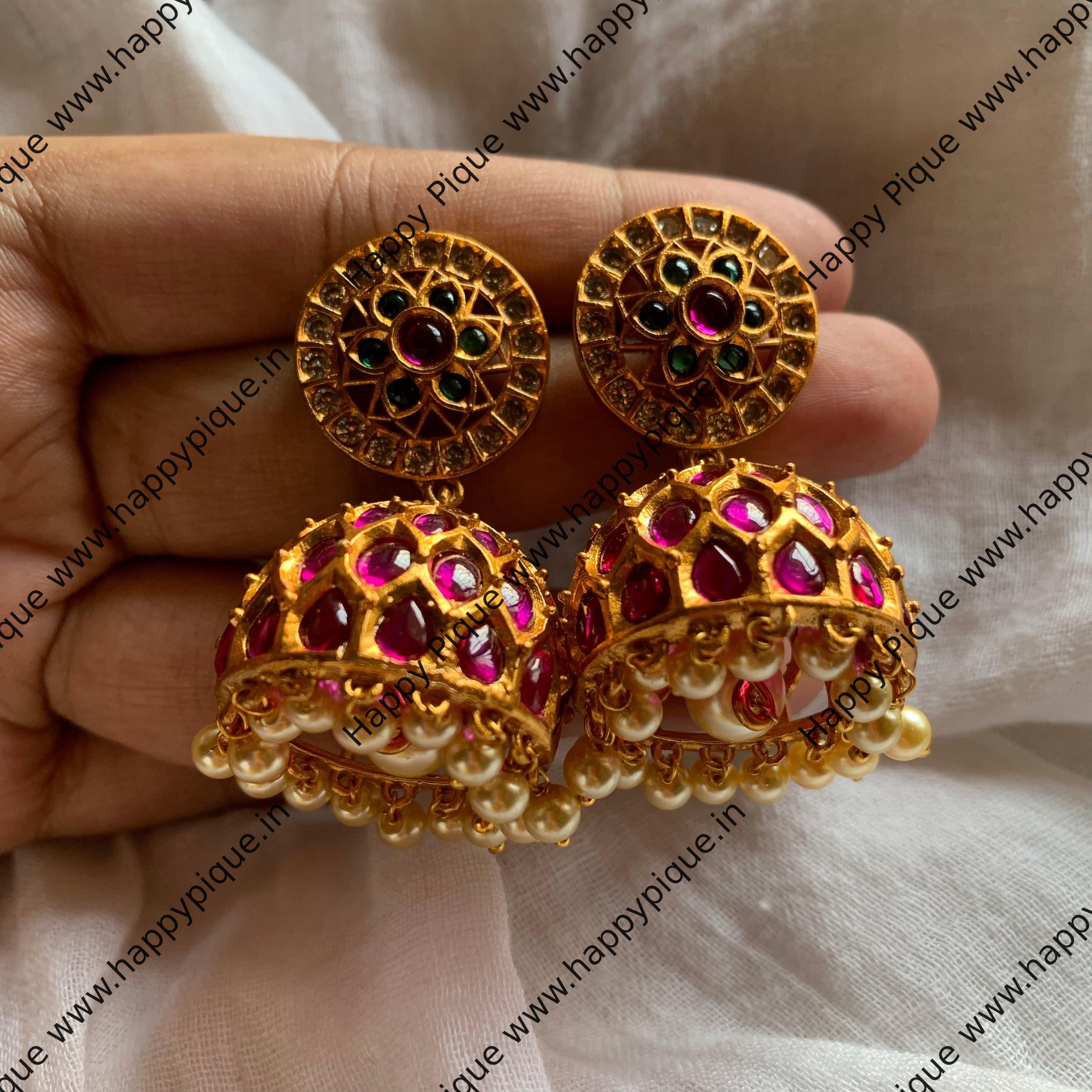 Real Kemp Matte Flower Jhumkas - Red, White & Green