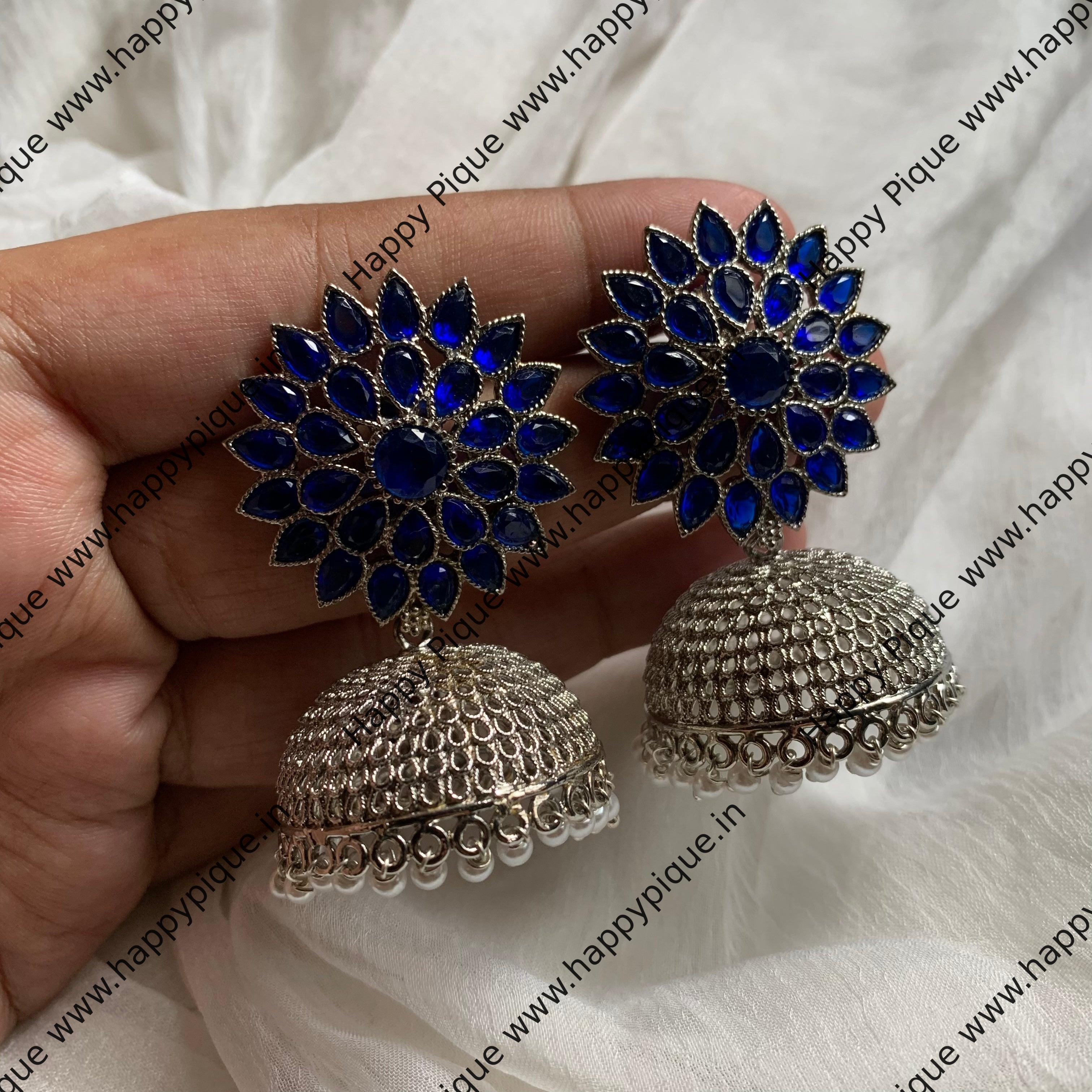 Silver Light Weight AD Flower Stud Jhumkas - Blue