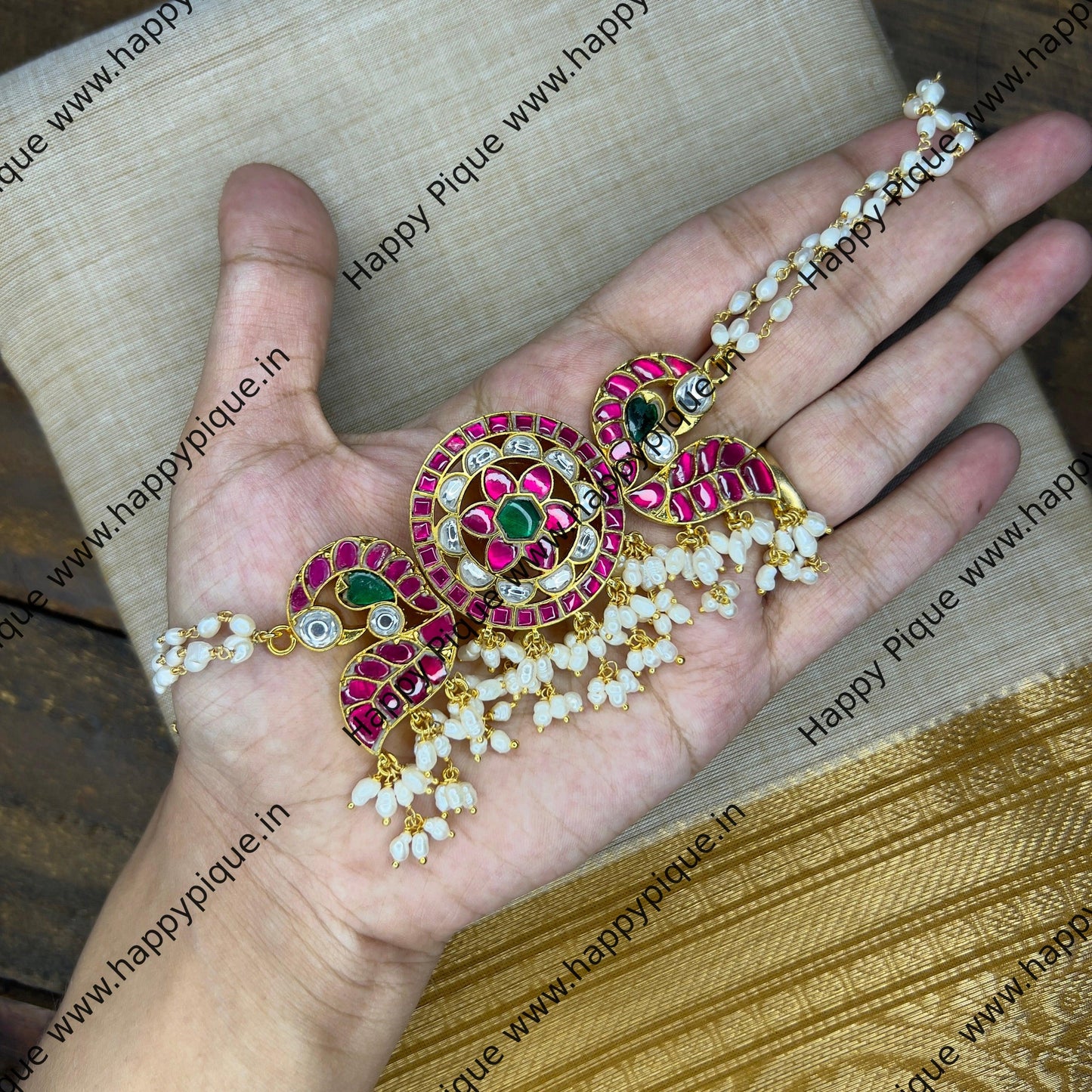 Retta Pakshi Floral Chakra Jadau Kundan Pearl Choker with Rice Beads