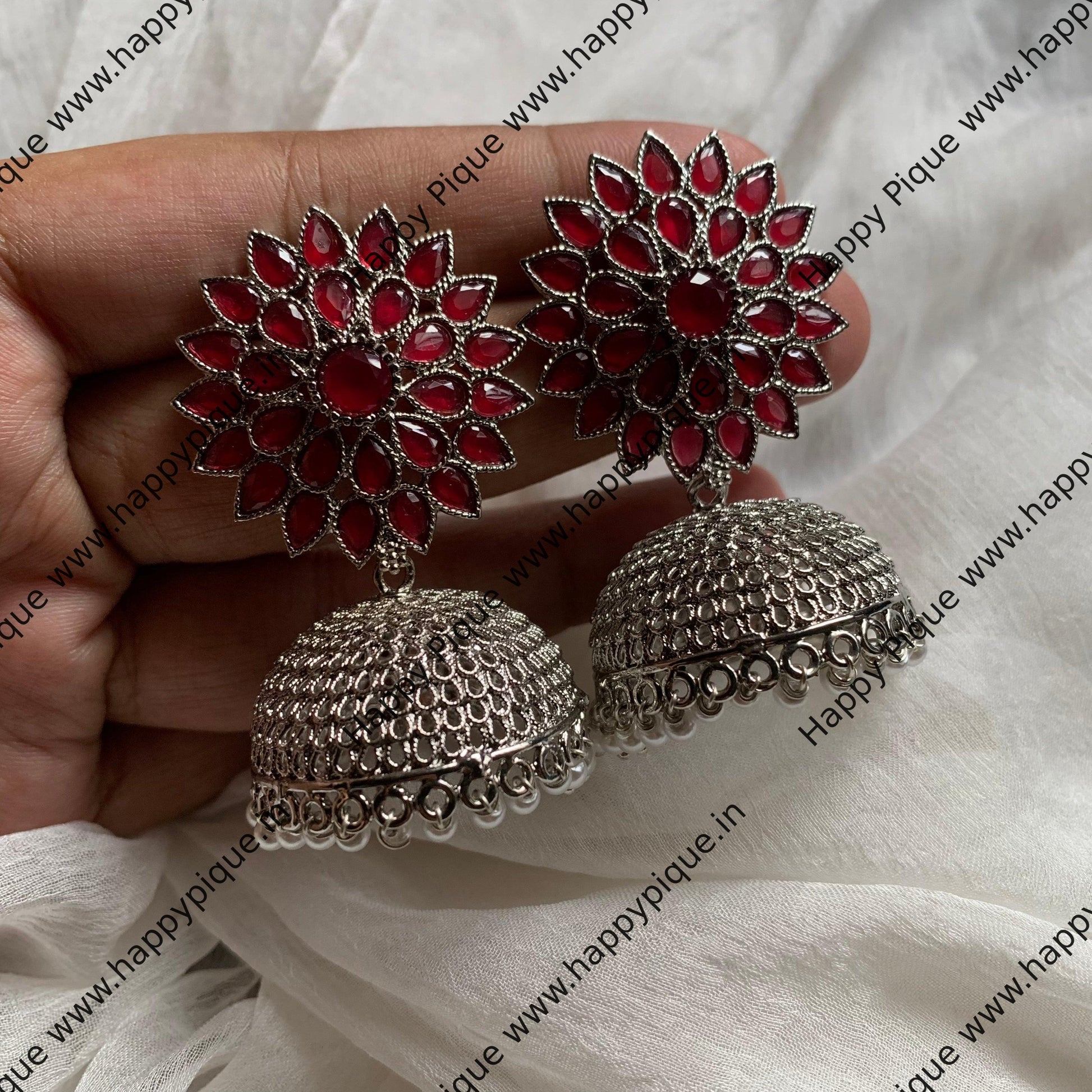 Silver Light Weight AD Flower Stud Jhumkas - Ruby