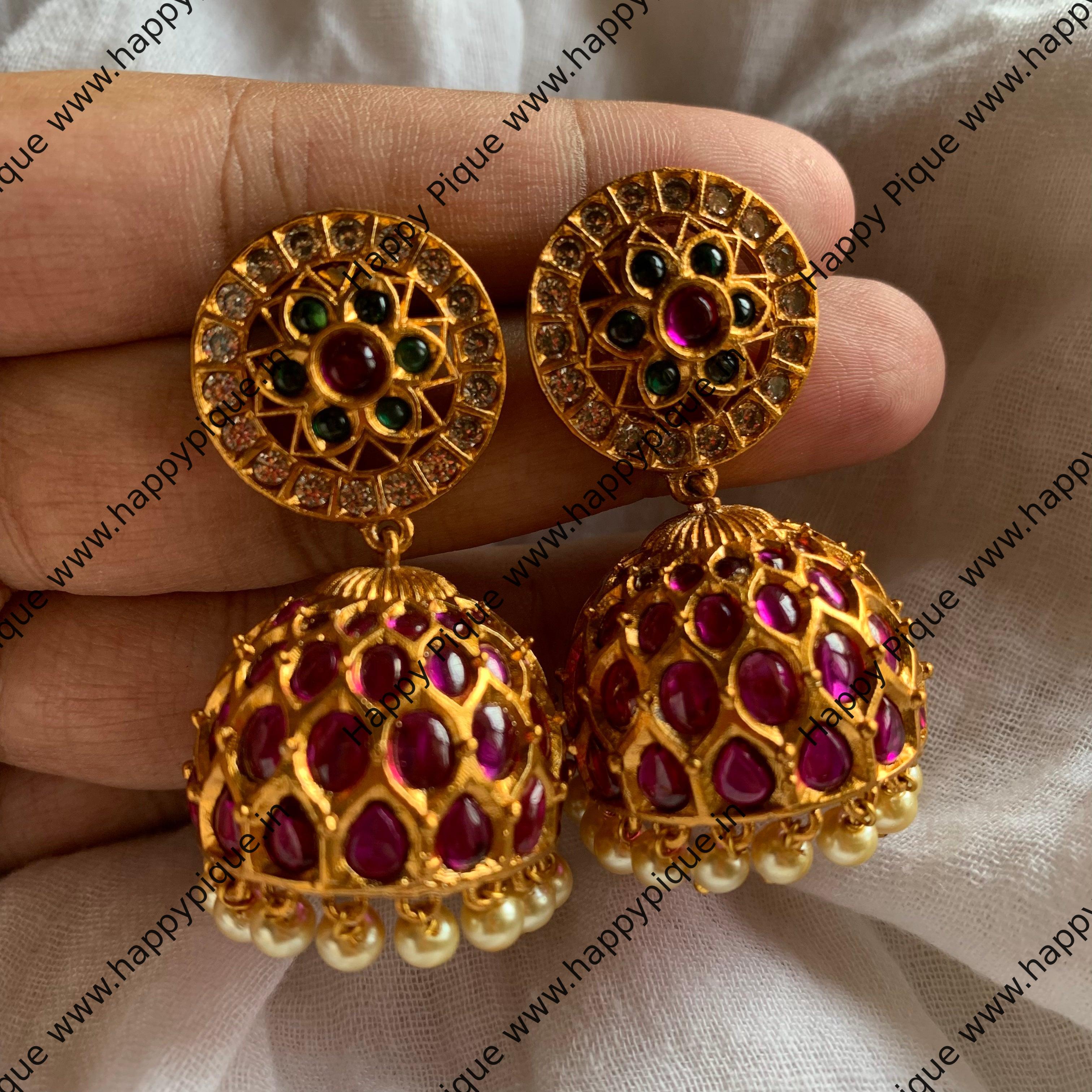 Real Kemp Matte Flower Jhumkas - Red, White & Green