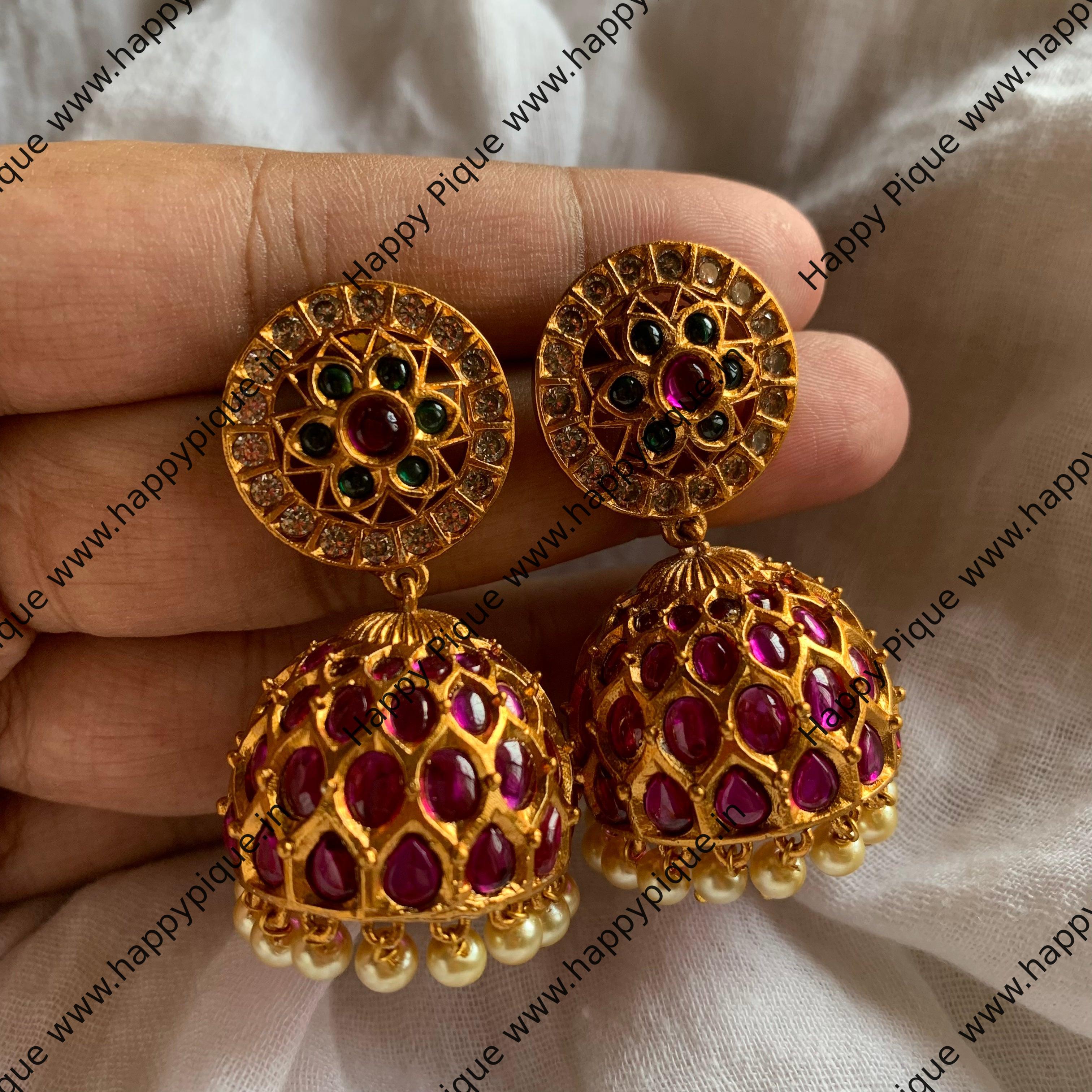 Real Kemp Matte Flower Jhumkas - Red, White & Green