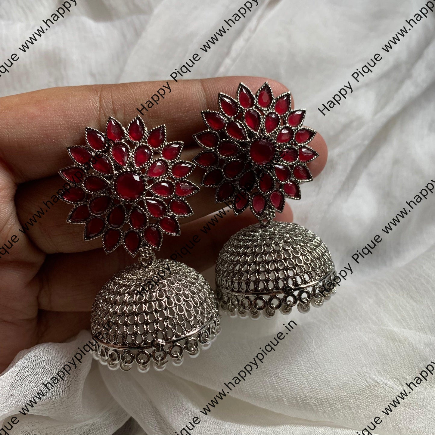 Silver Light Weight AD Flower Stud Jhumkas - Ruby