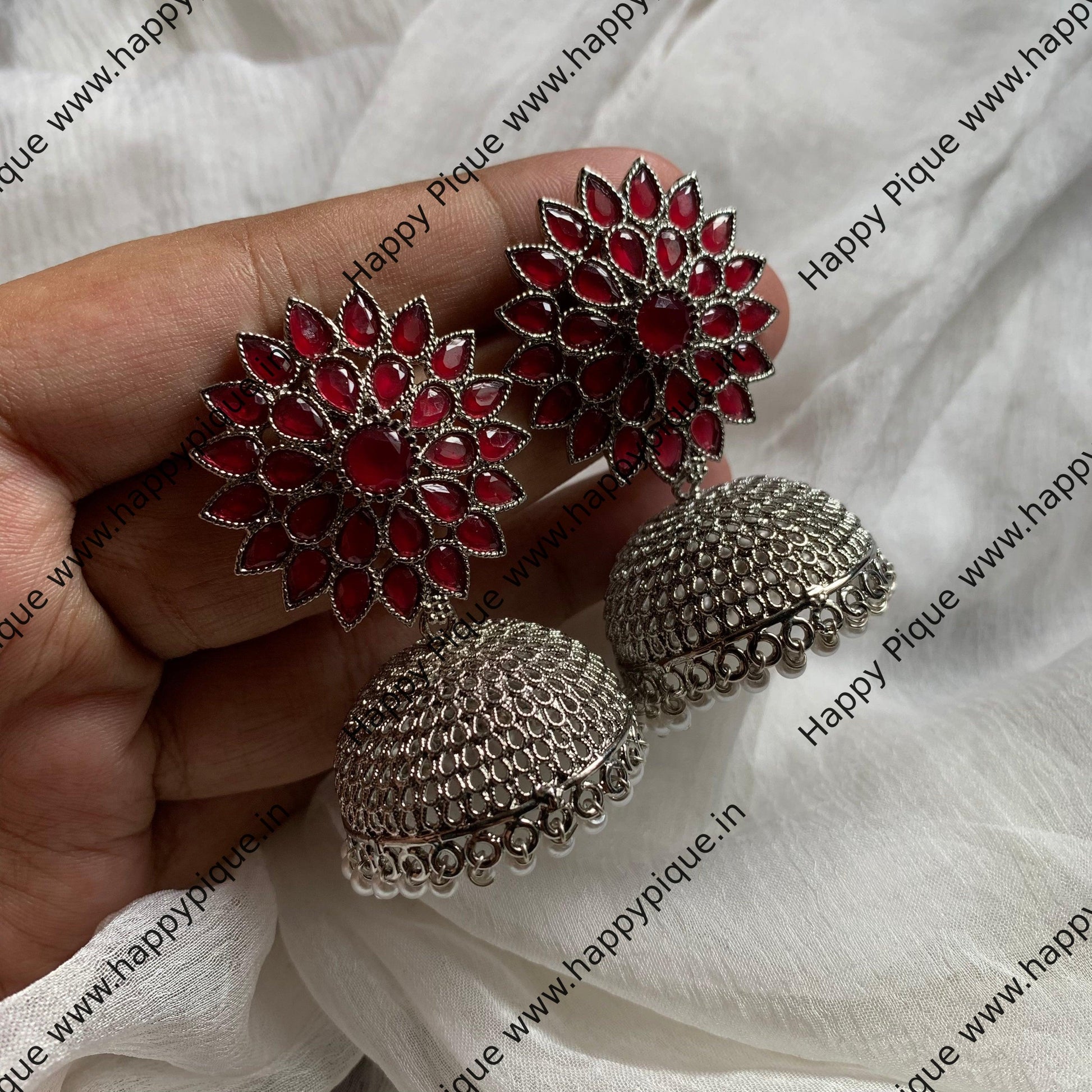 Silver Light Weight AD Flower Stud Jhumkas - Ruby