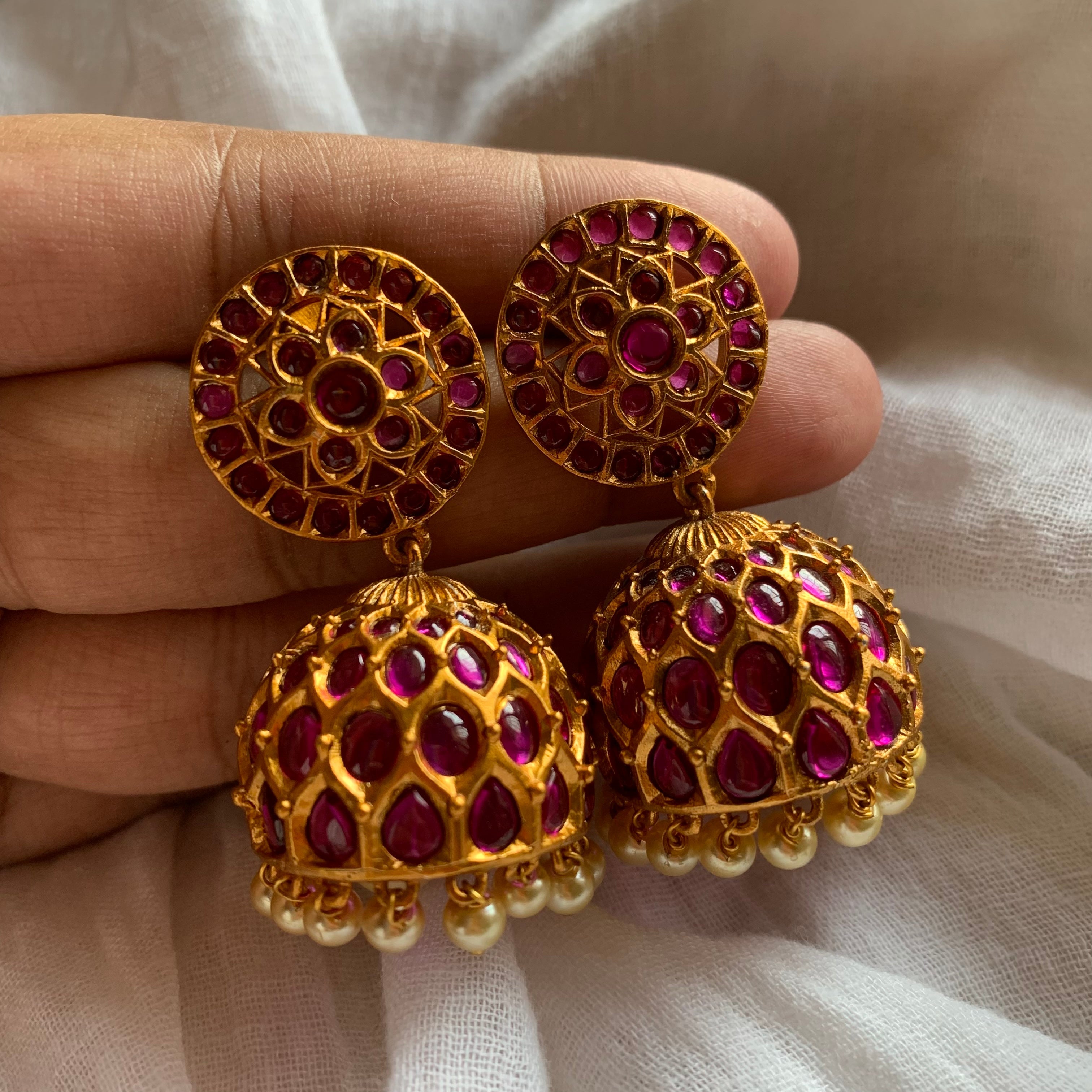 Matte Flower Real Kemp Jhumkas - Red