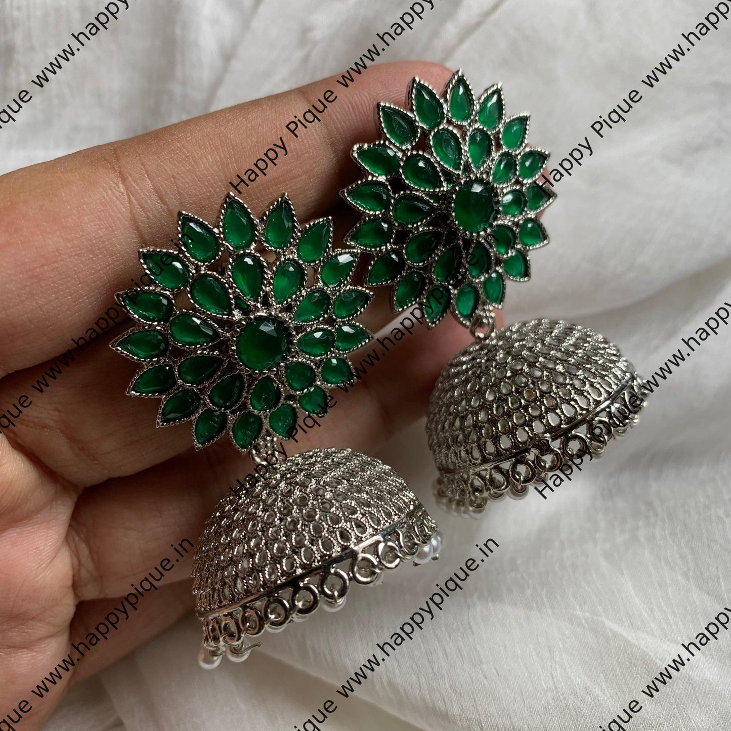 Silver Light Weight AD Flower Stud Jhumkas - Green