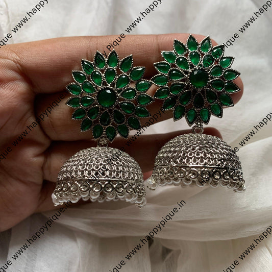 Silver Light Weight AD Flower Stud Jhumkas - Green