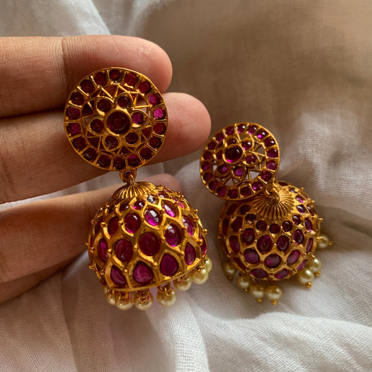 Matte Flower Real Kemp Jhumkas - Red