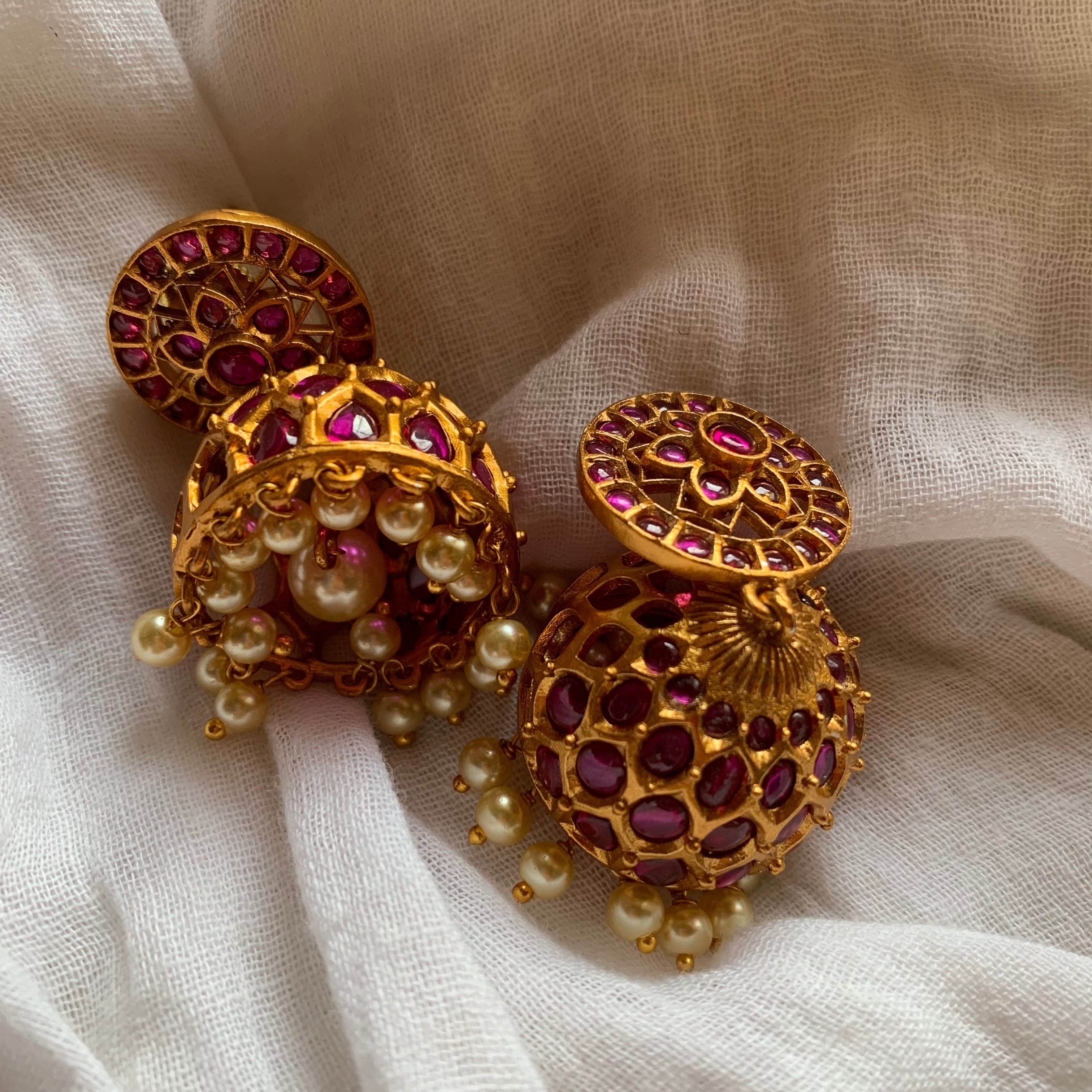 Matte Flower Real Kemp Jhumkas - Red