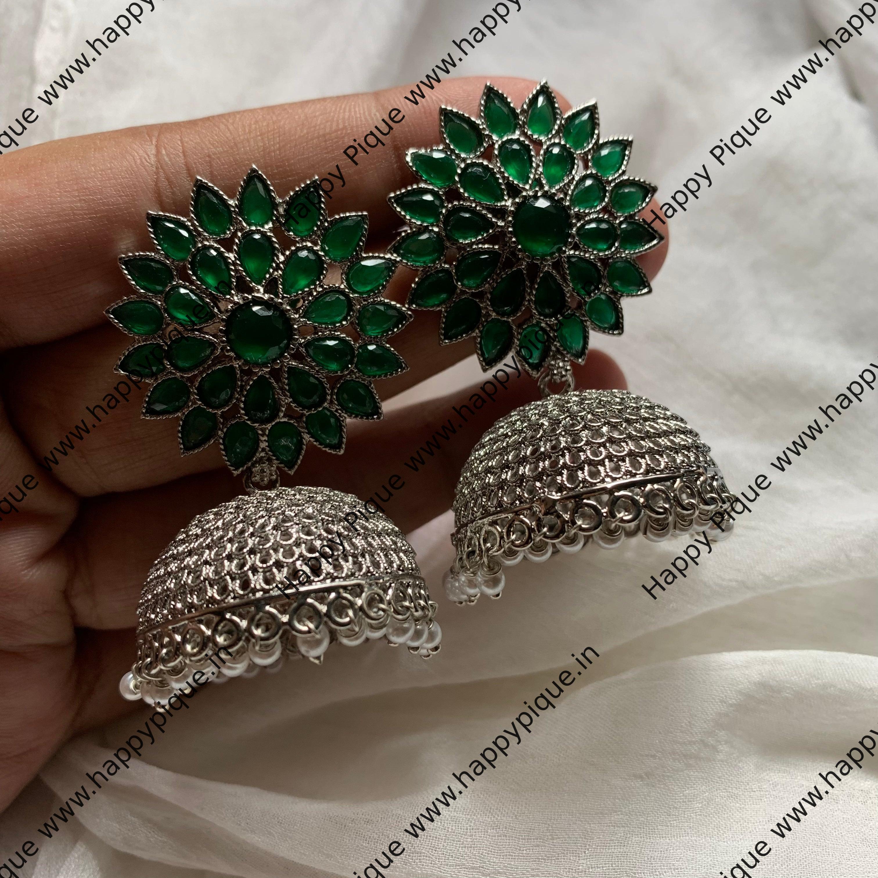 Silver Light Weight AD Flower Stud Jhumkas - Green