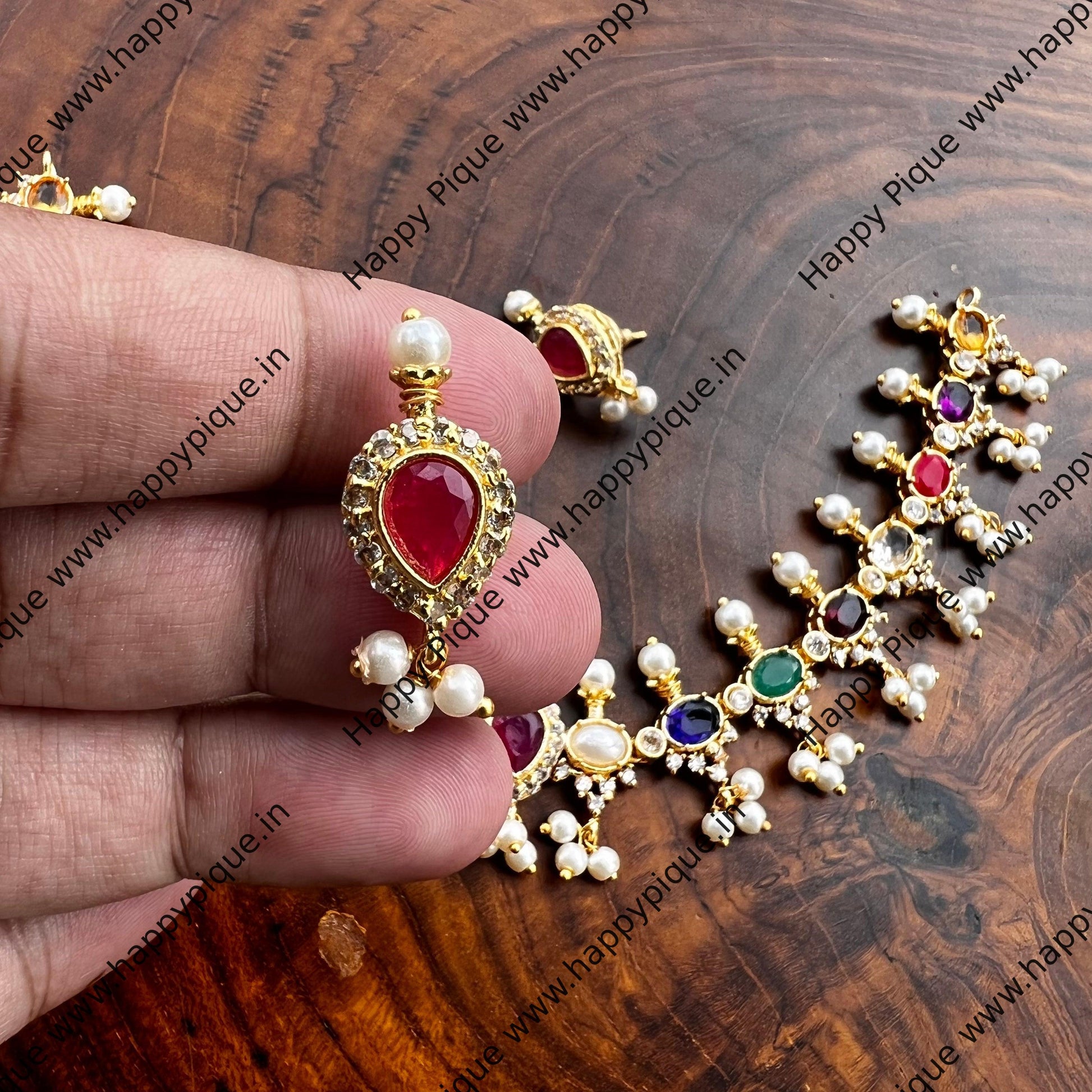 Micro Gold Polish Navratna Necklace Set