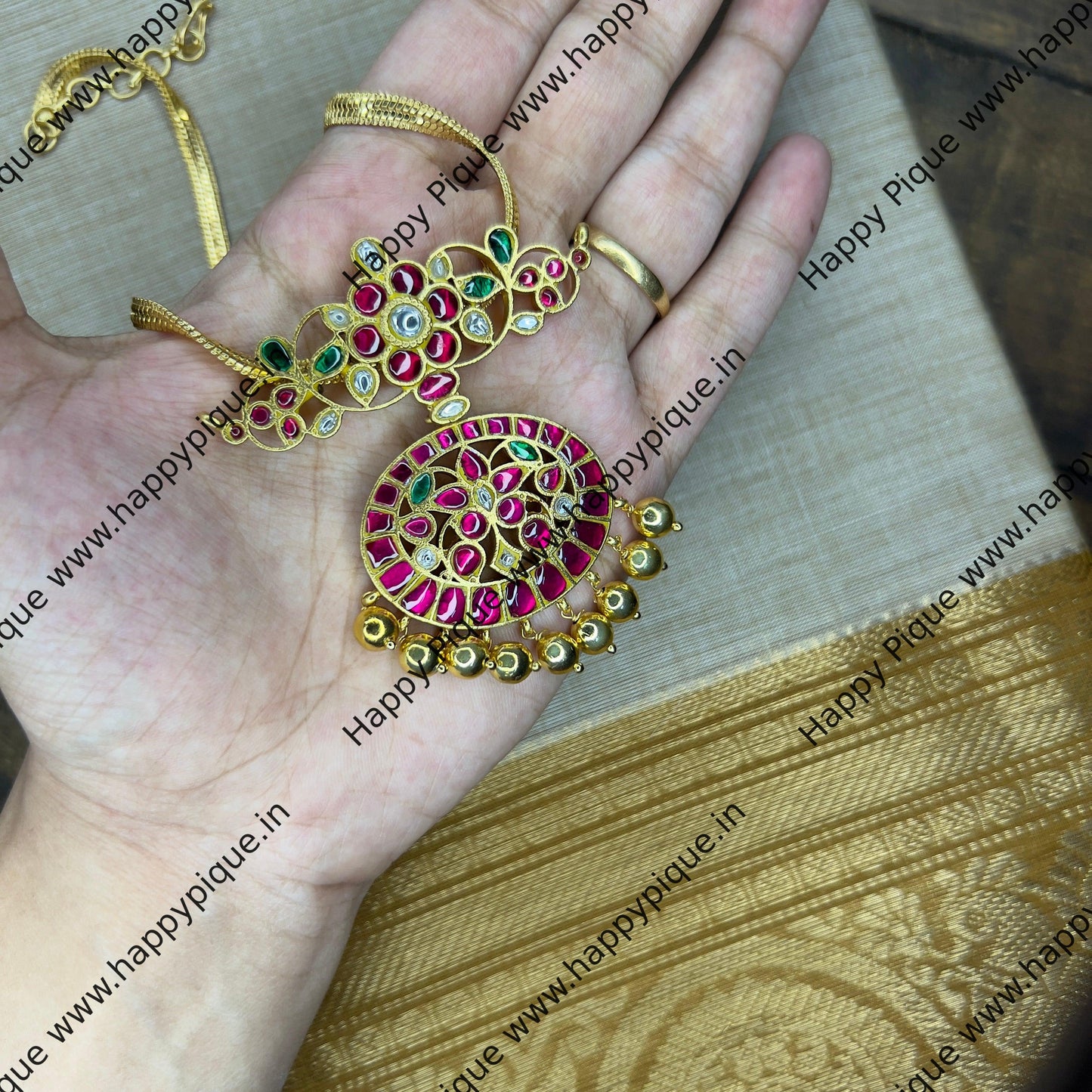 Traditional Floral Design Jadau Kundan Pendant Chain