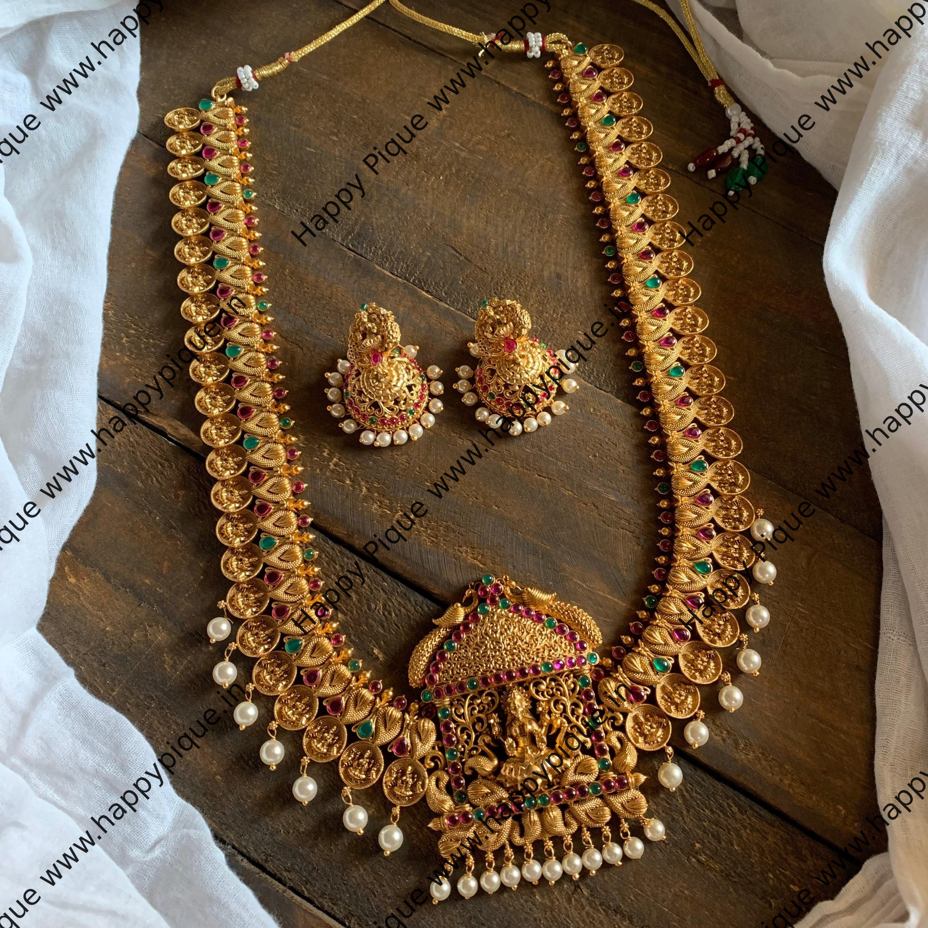 Traditional Mahalakshmi Bridal Antique Coin Haaram Necklace Set - Happy Pique