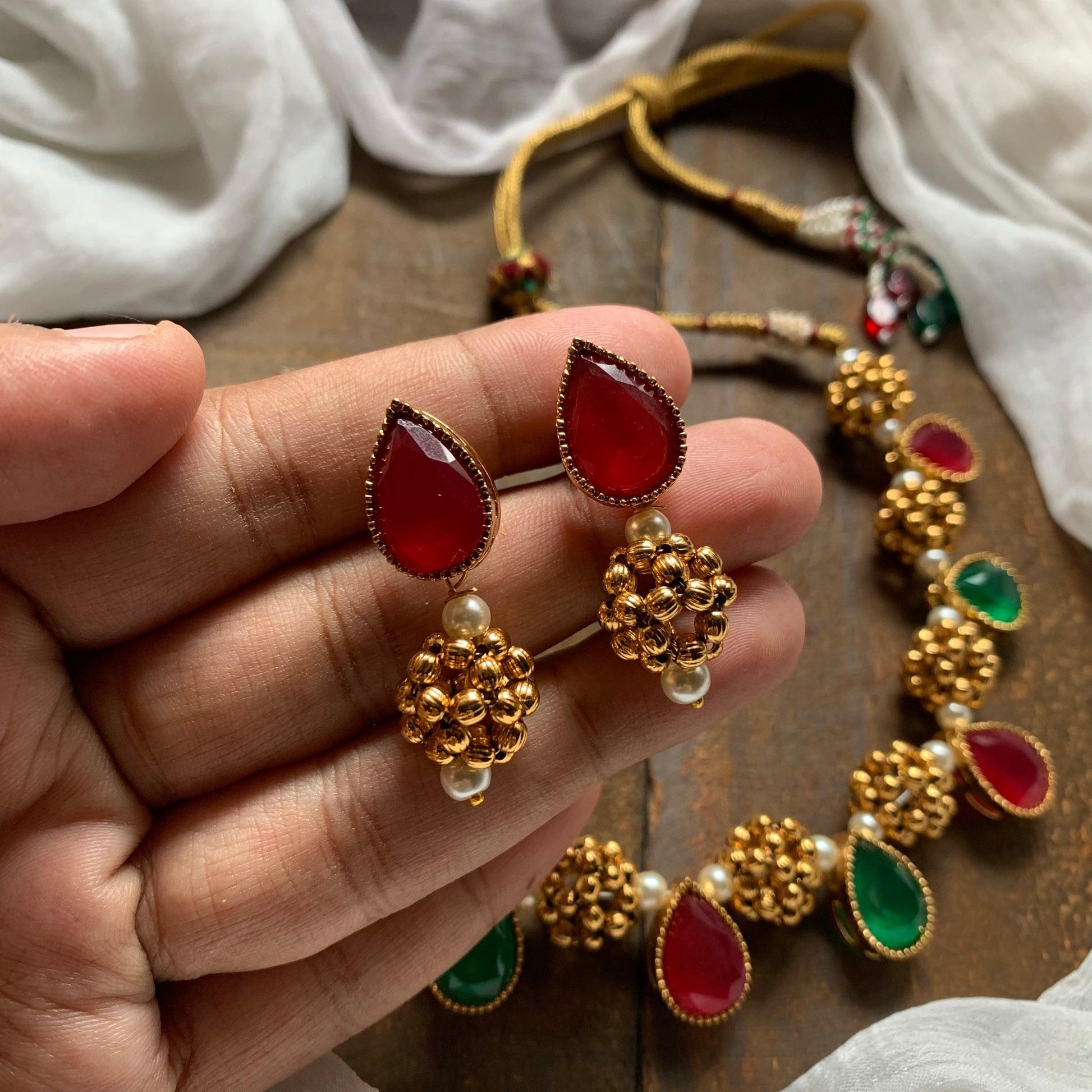 Gold Thushi Balls Tilak Stone Necklace - Red & Green - Happy Pique 