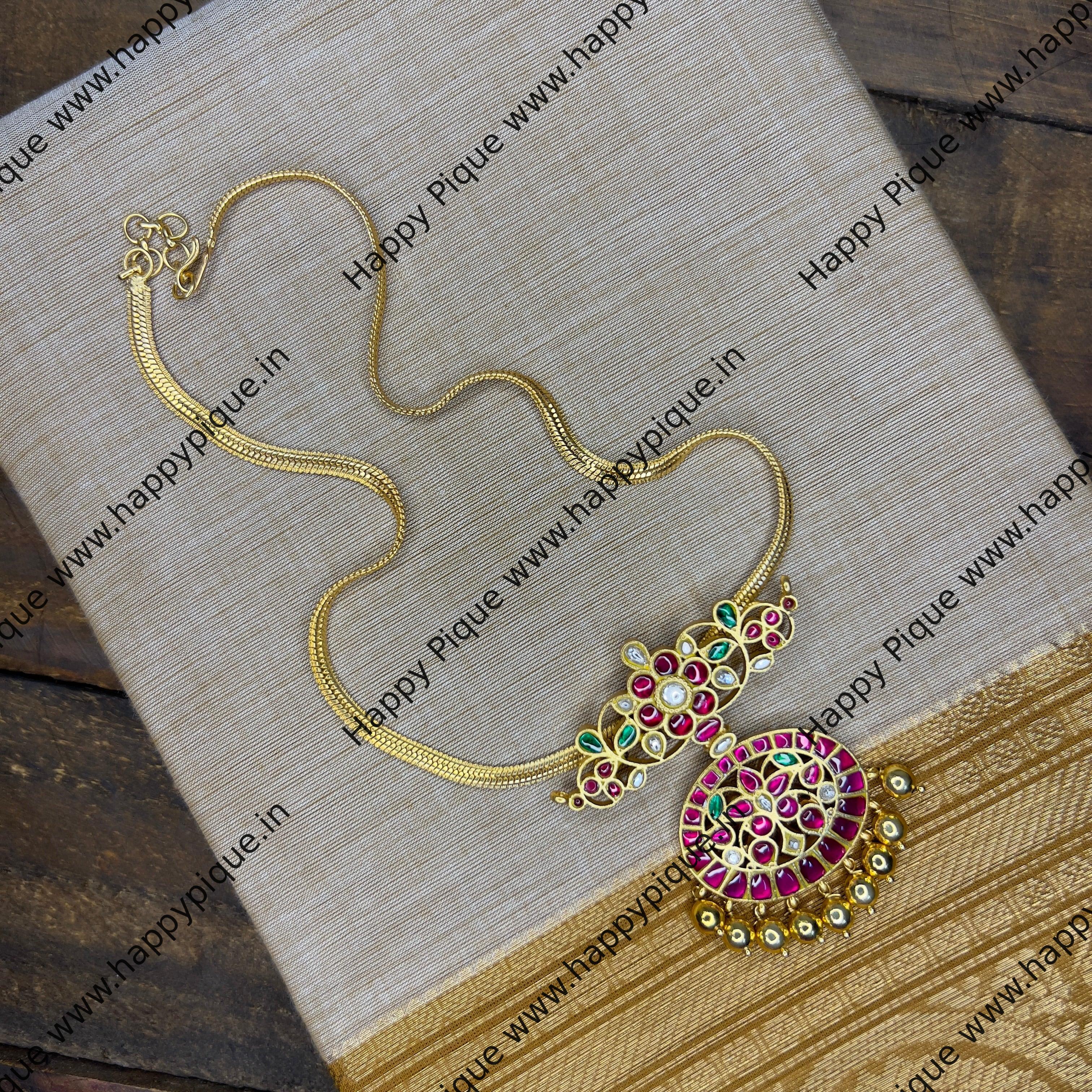 Traditional Floral Design Jadau Kundan Pendant Chain